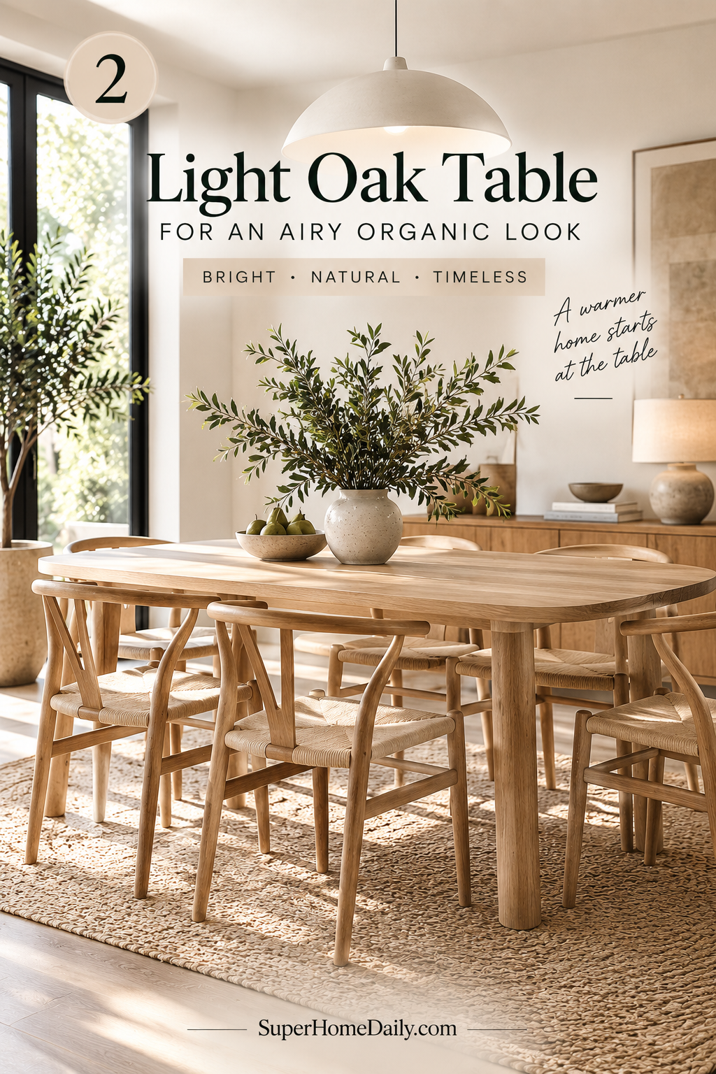 Light oak modern organic dining table with a clean natural wood finish