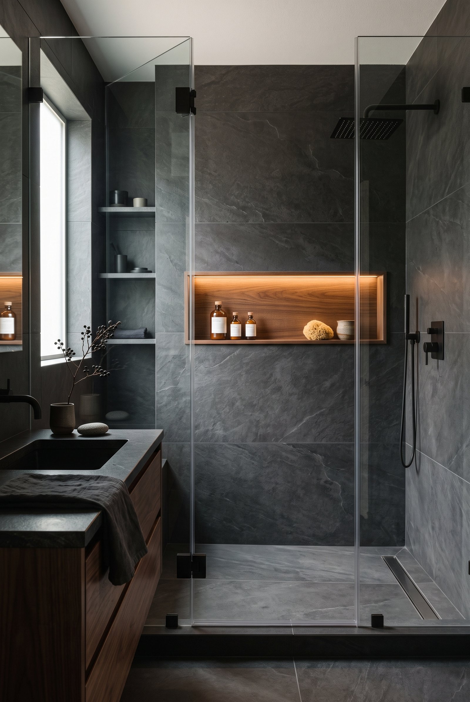 Linear shower drain in a contemporary charcoal walk-in shower