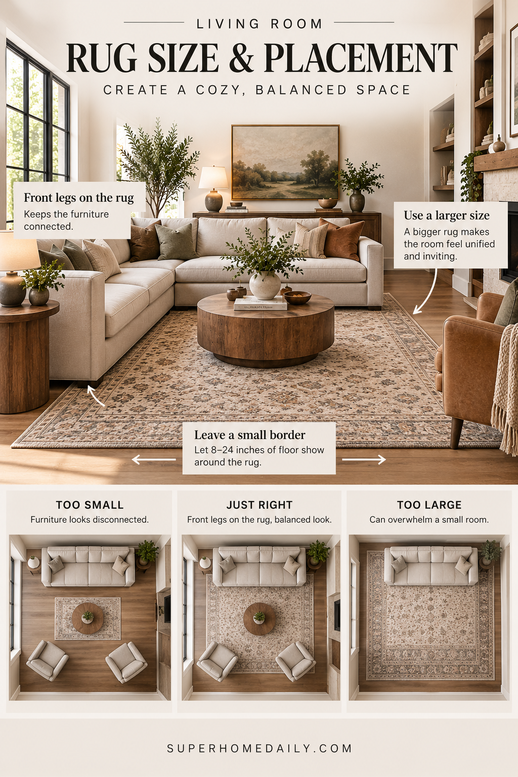 Living room rug size and placement guide showing furniture front legs positioned on the rug