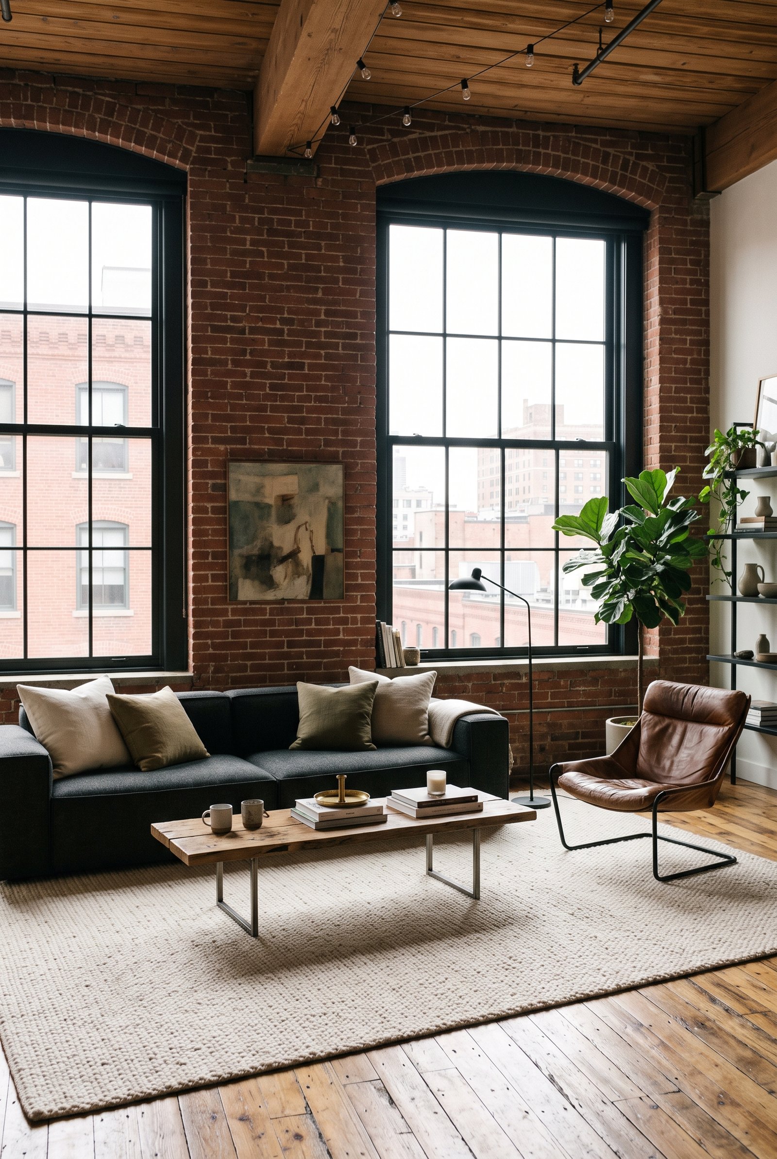 Low-profile sofa and warm wood furniture in a spacious industrial living room