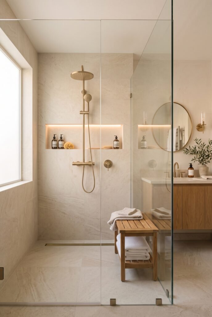 Luxury walk-in shower under $1500 with frameless glass, rainfall shower and spa-inspired details