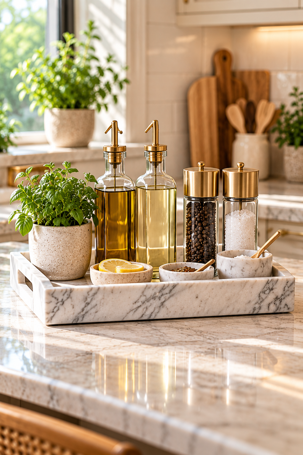 Marble tray organizing oils and seasonings on a kitchen countertop