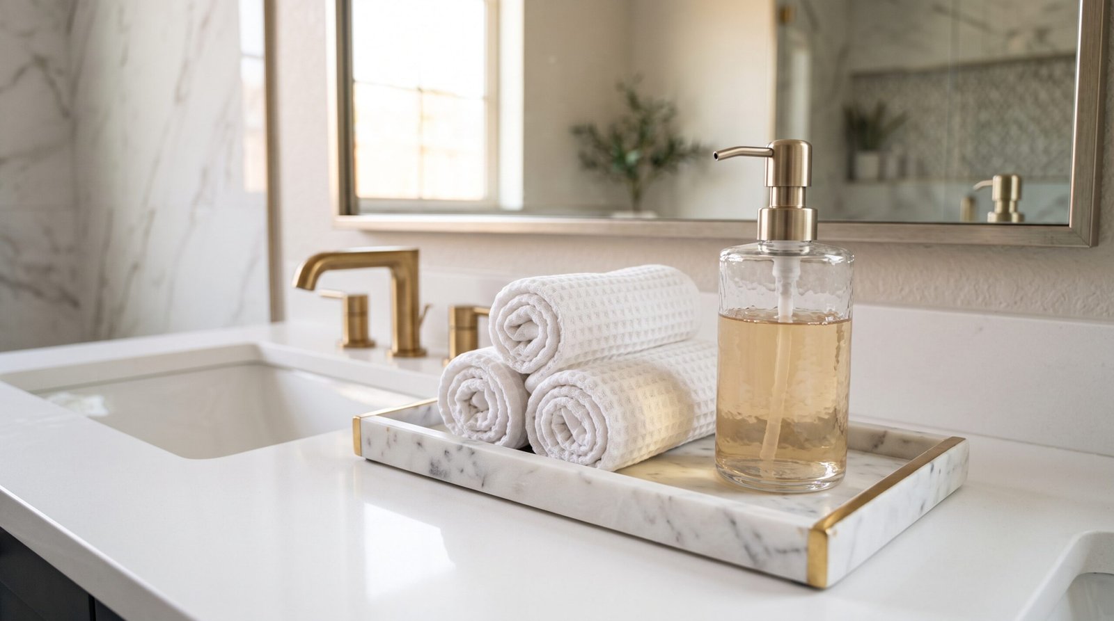 roll and display bath towels vanity marble tray