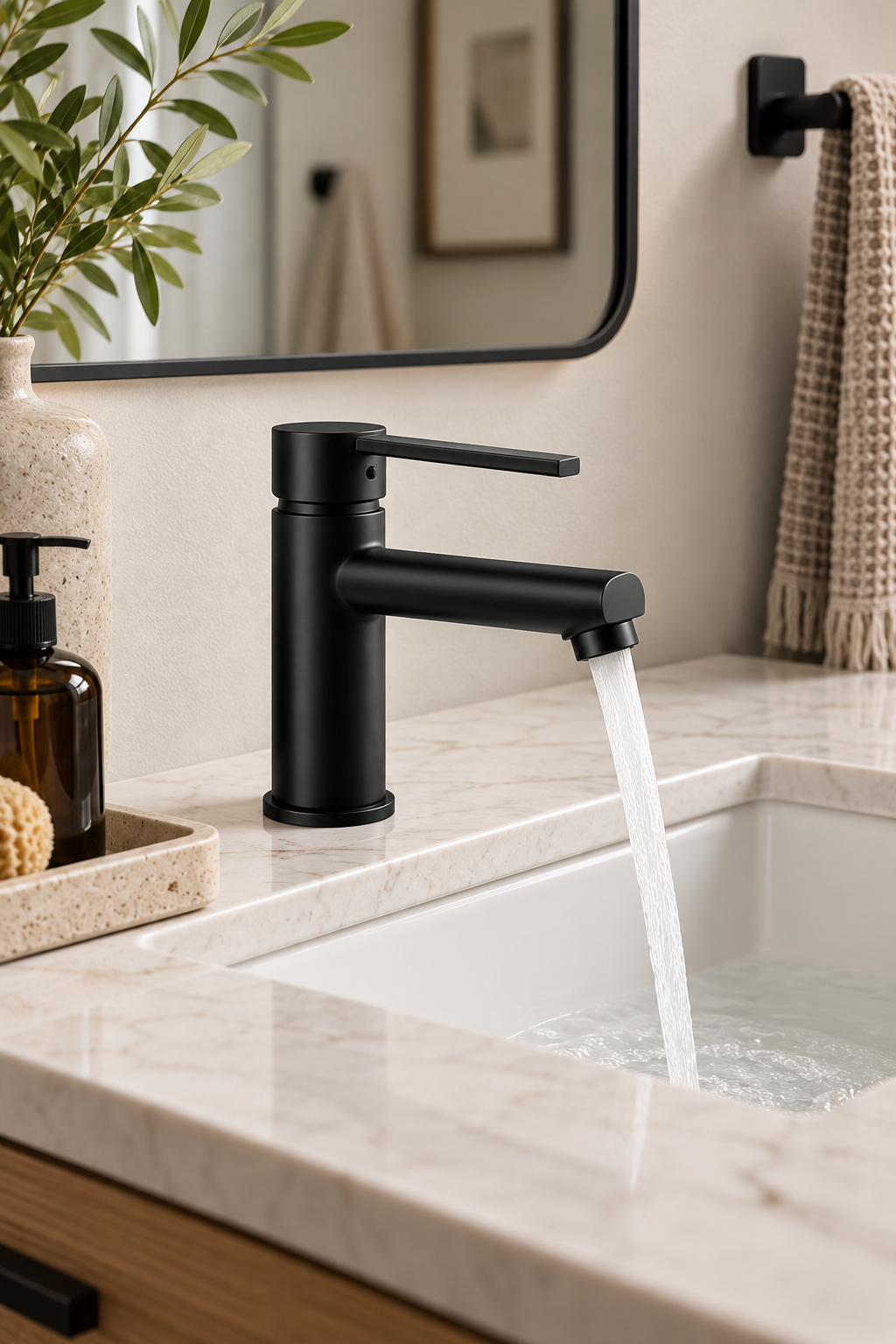 Minimalist matte black bathroom faucet on a modern vanity