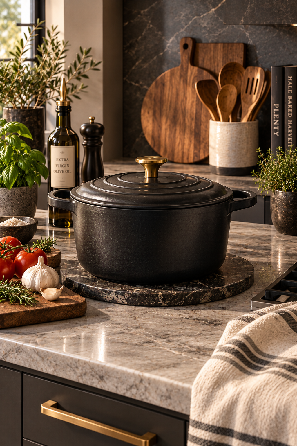 Matte black cookware in a sophisticated modern kitchen