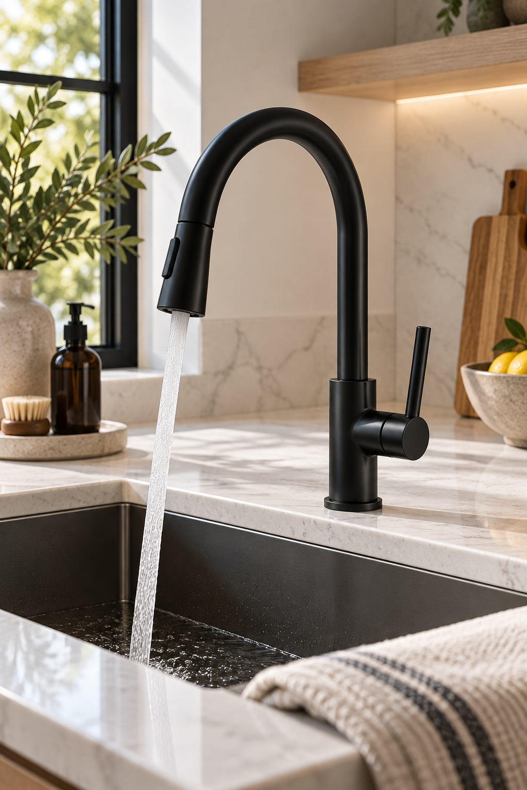 Minimalist matte black kitchen faucet with pull-down sprayer in a modern kitchen