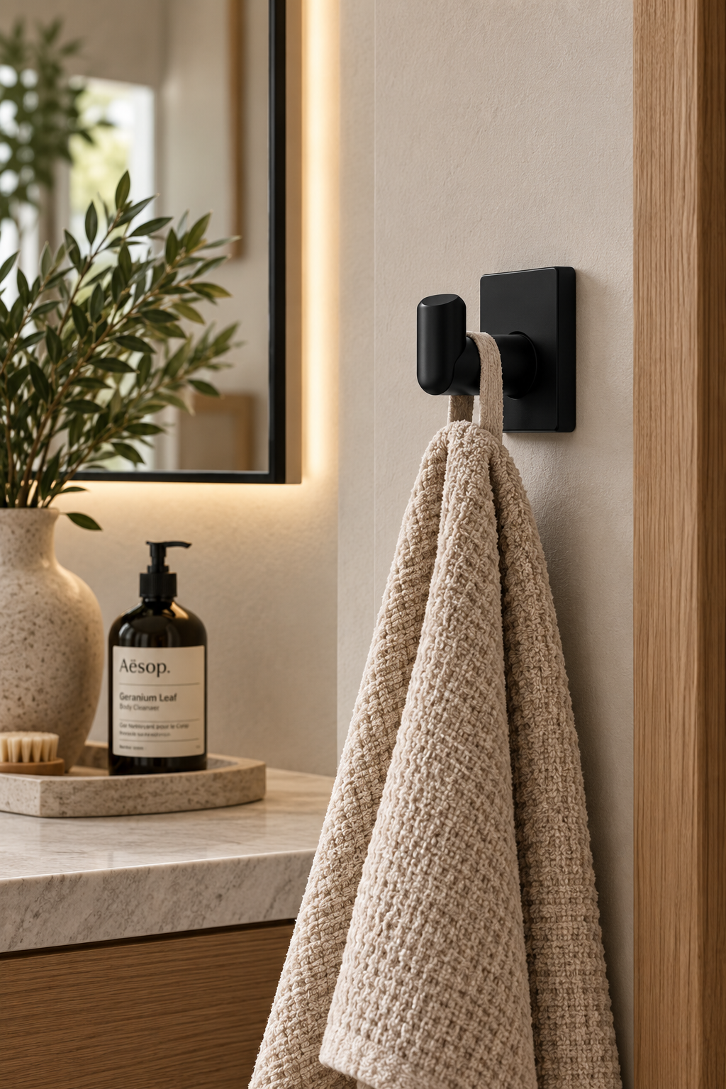 Minimalist matte black robe hook with neutral towel in a modern bathroom