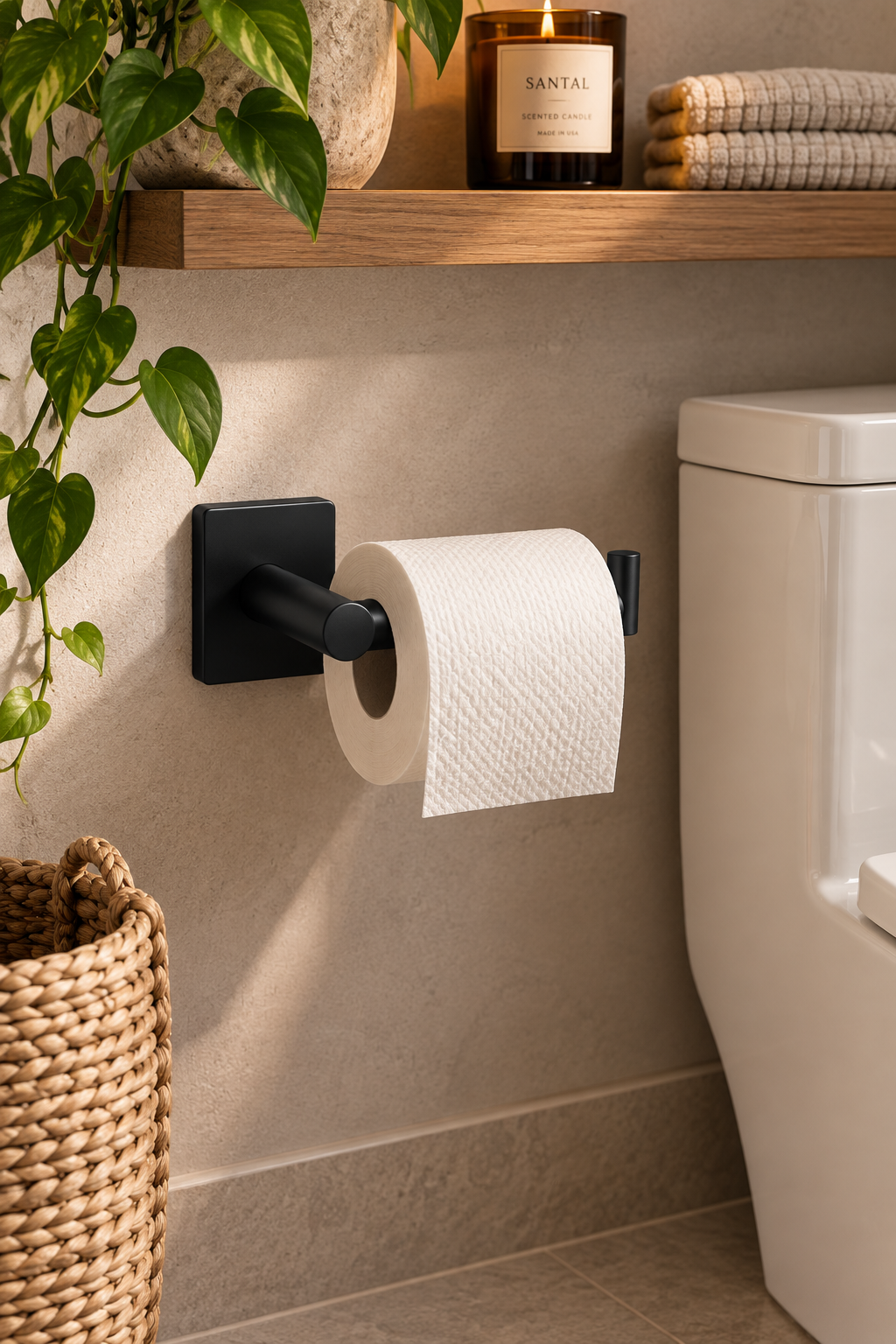 Minimalist matte black toilet paper holder in a modern neutral bathroom