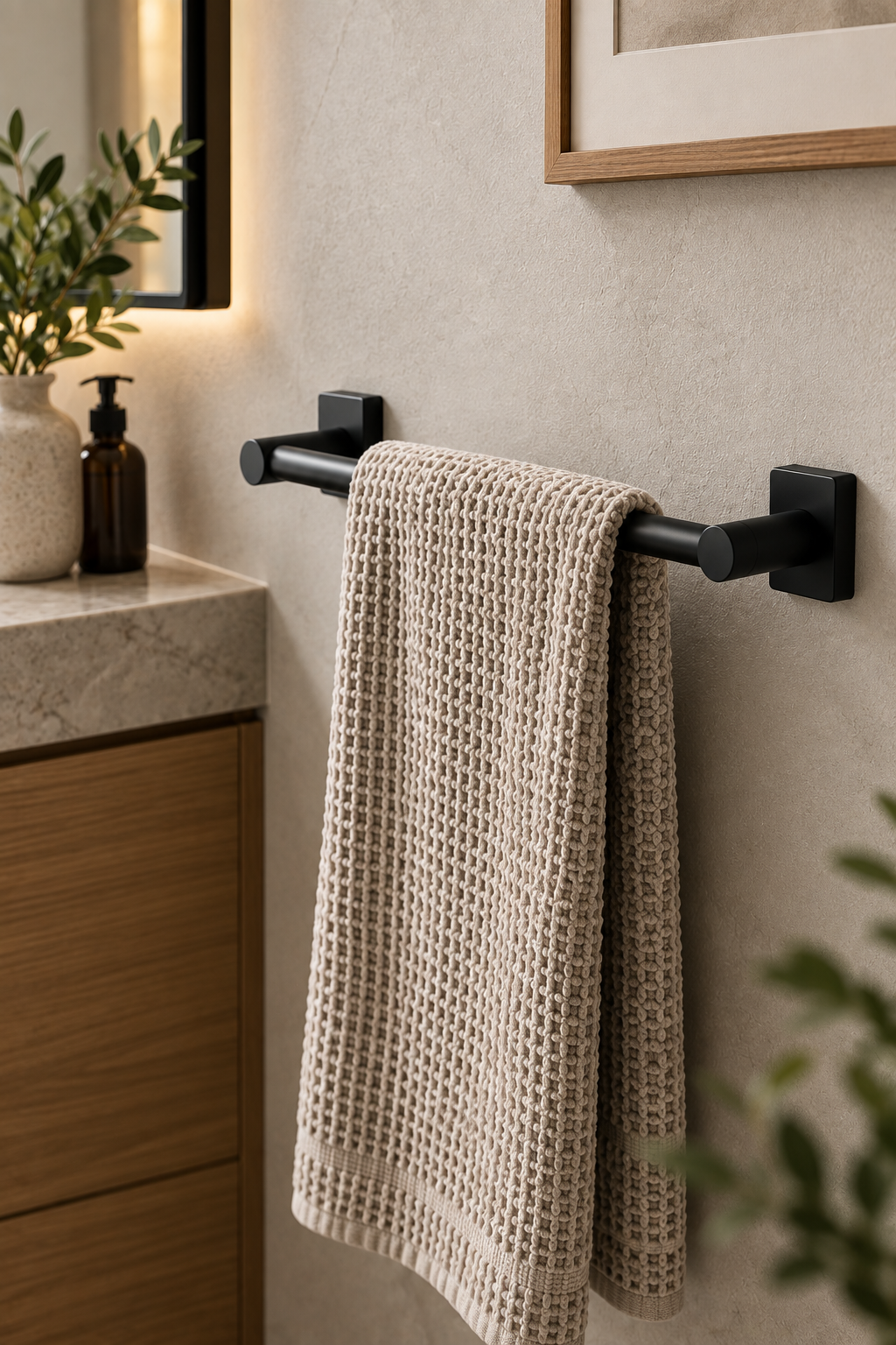 Minimalist matte black towel bar with neutral towel in a modern bathroom
