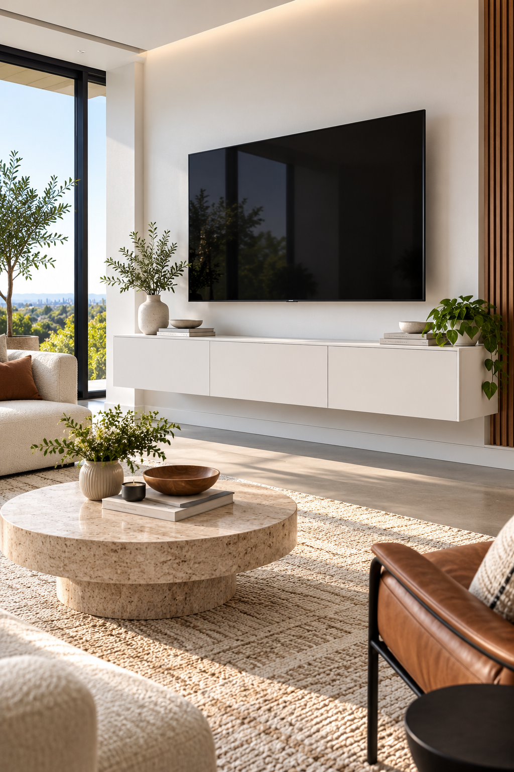 Matte white minimalist floating TV console with hidden cable management in a contemporary living room