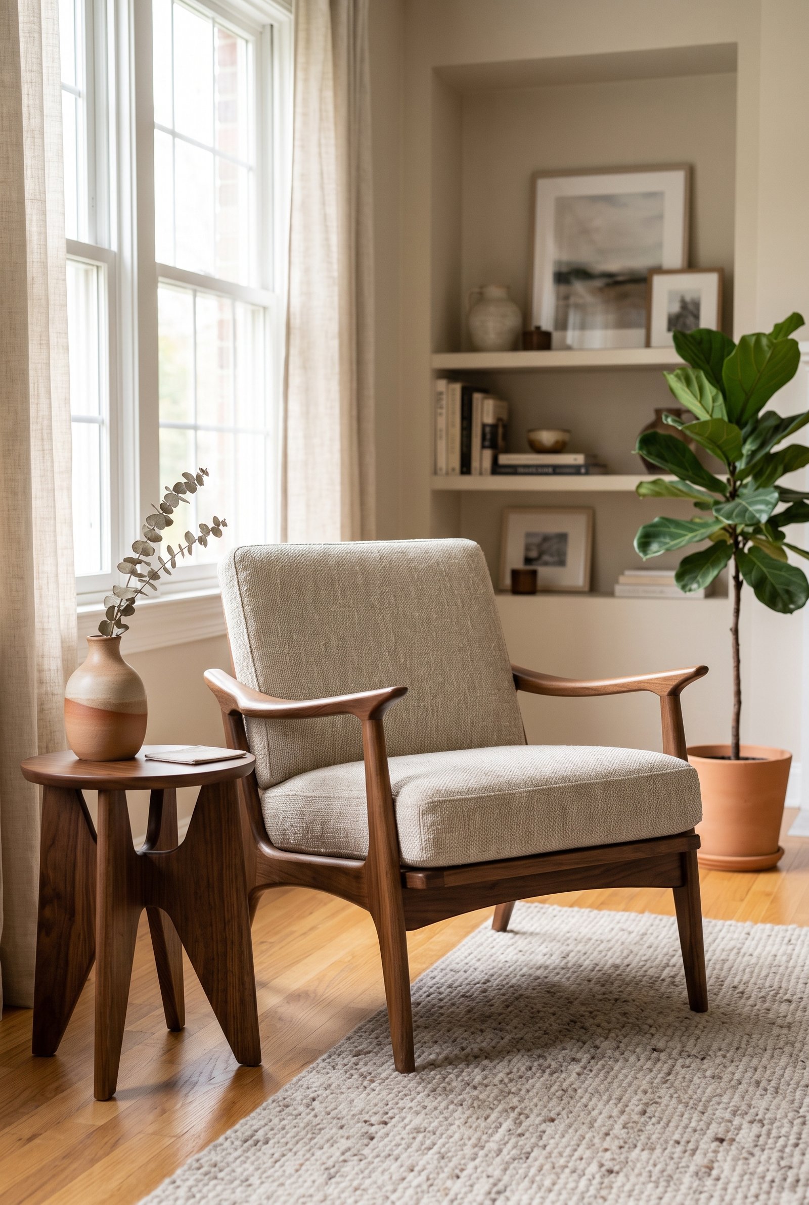 Mid-century wood accent chair with neutral upholstery in a warm modern living room