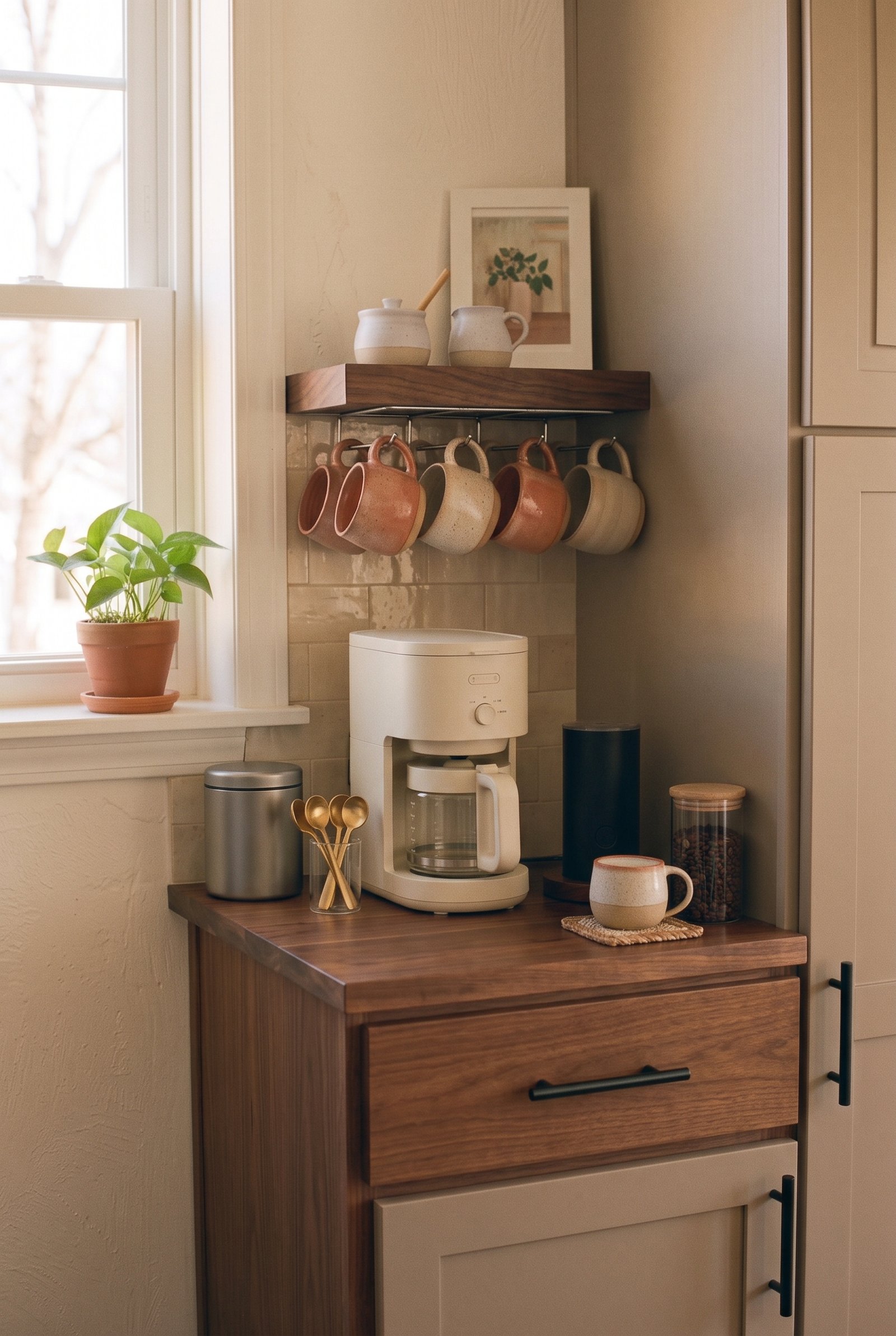 Mini countertop trash bin beside a compact apartment coffee station
