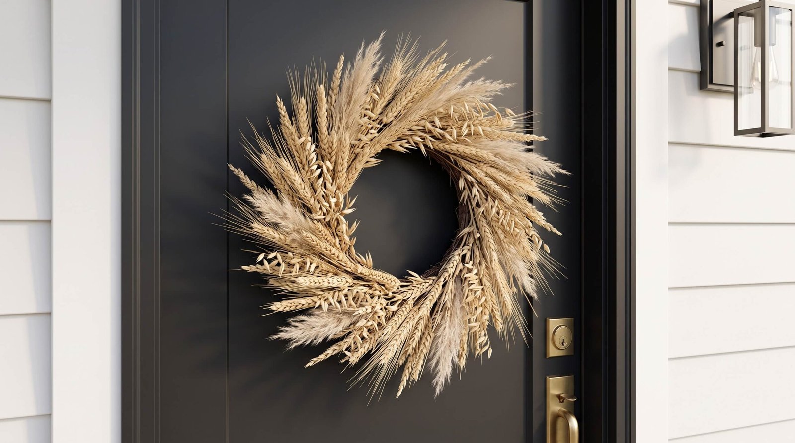 minimalist fall porch decor ideas dried wheat door wreath