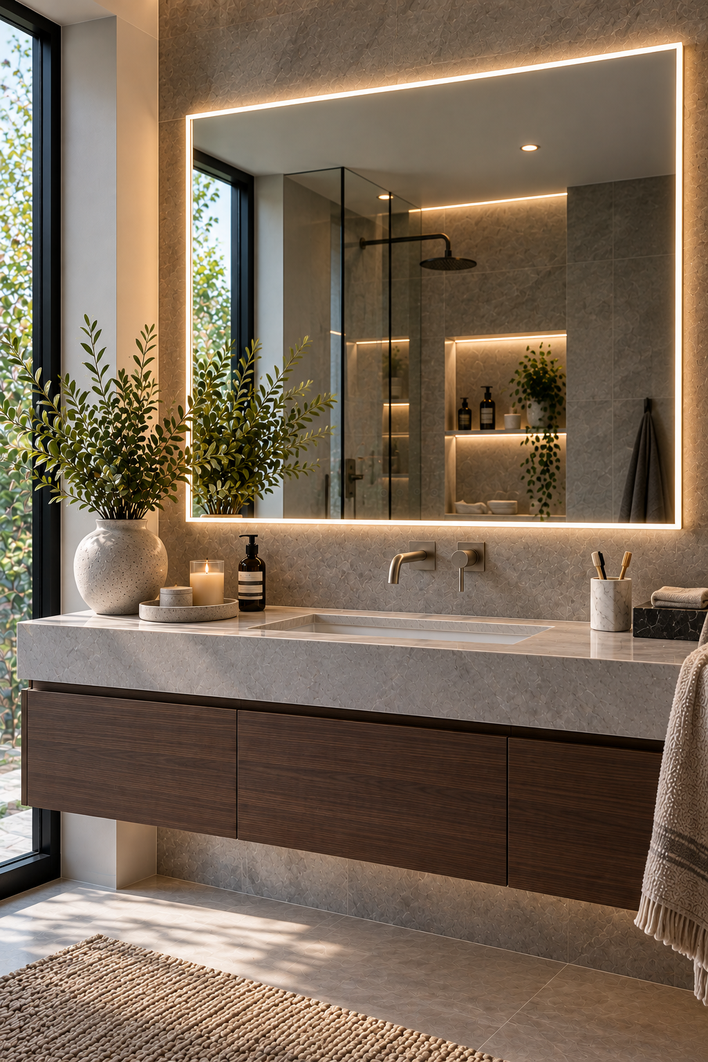 Minimalist edge-lit frameless LED mirror in a modern bathroom