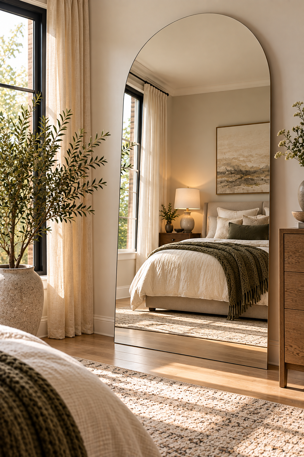 Minimalist frameless arched floor mirror in a small bedroom