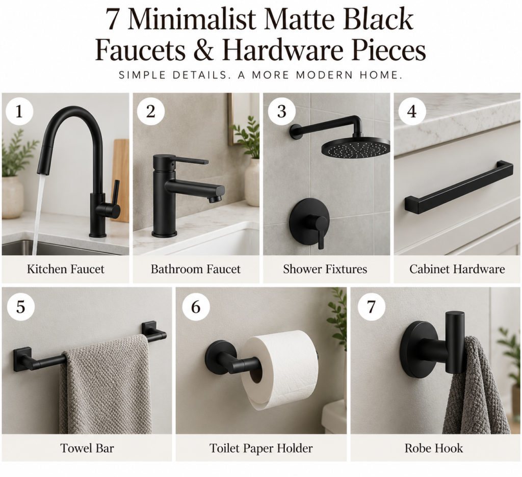 Minimalist matte black faucets and hardware for modern kitchens and bathrooms