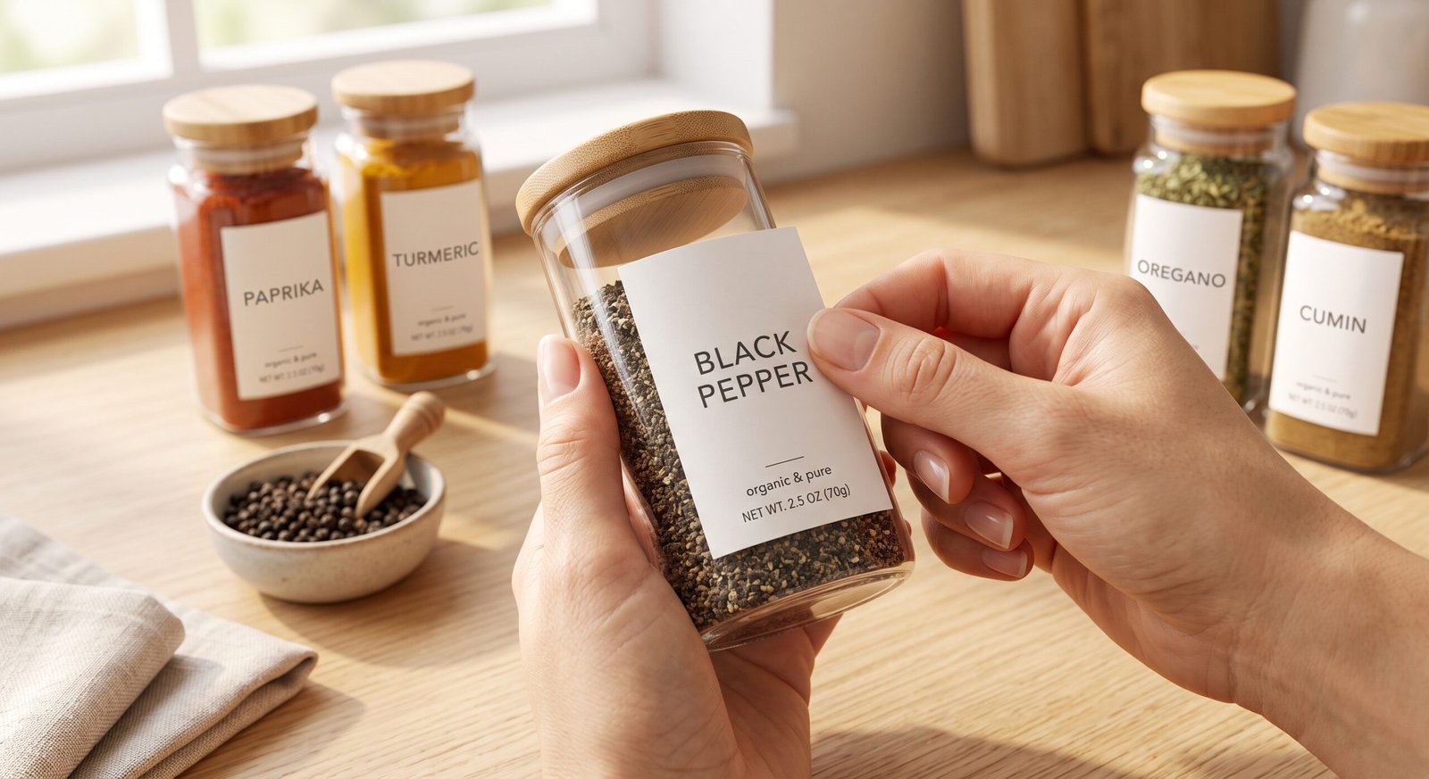 spice drawer organization ideas with minimalist custom labels