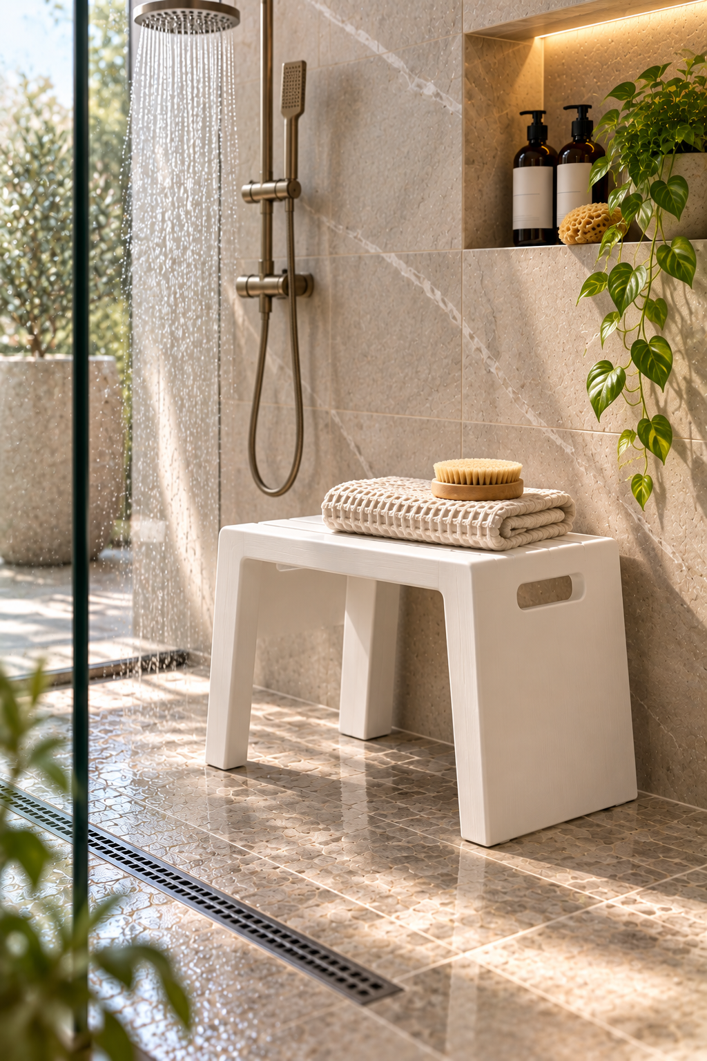 Minimalist white waterproof shower stool in a modern bathroom