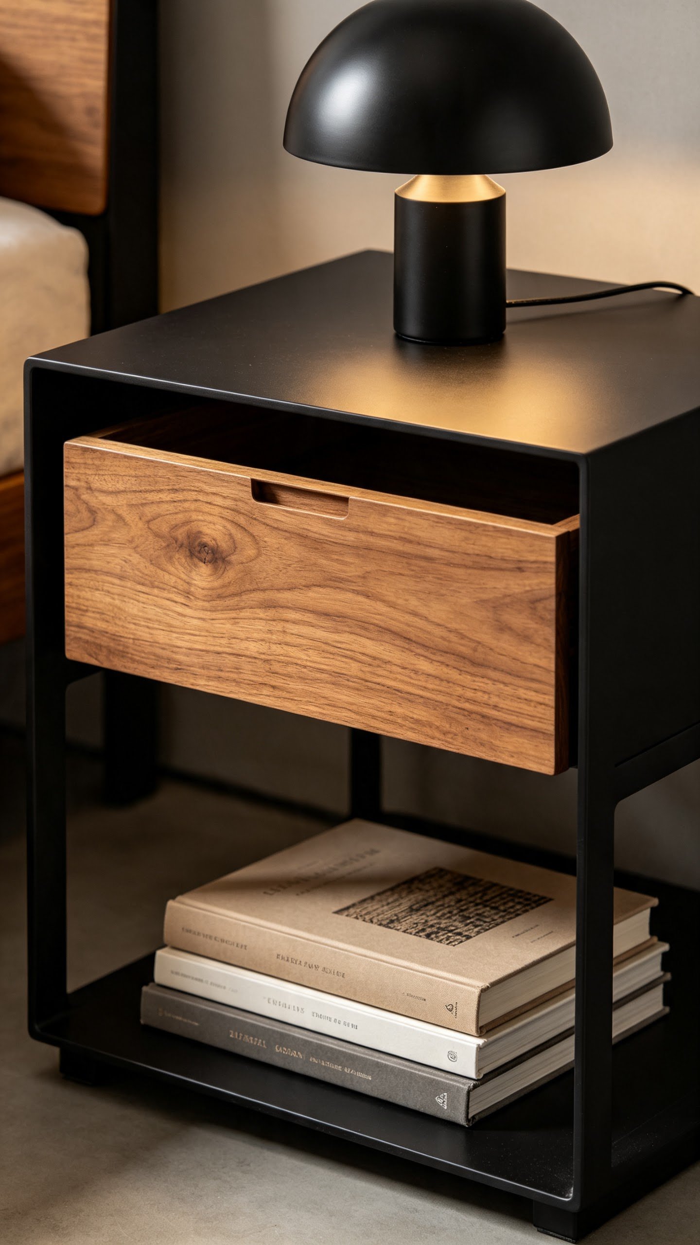 trending nightstand designs combining warm wood with matte black metal frame