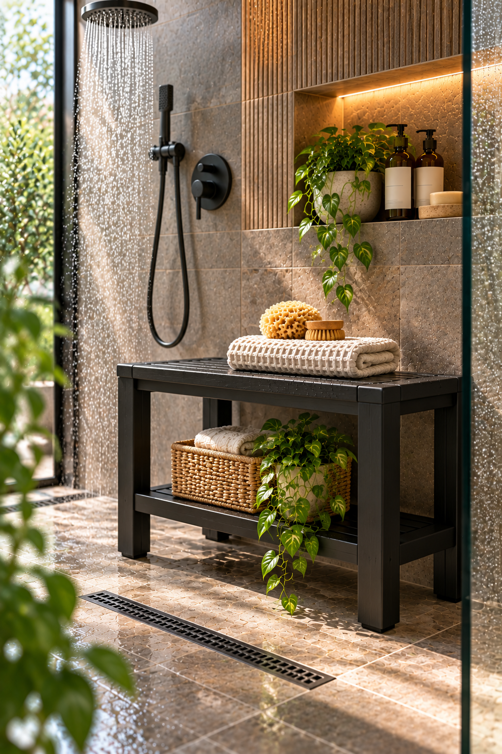 Modern black shower bench in a contemporary walk-in shower