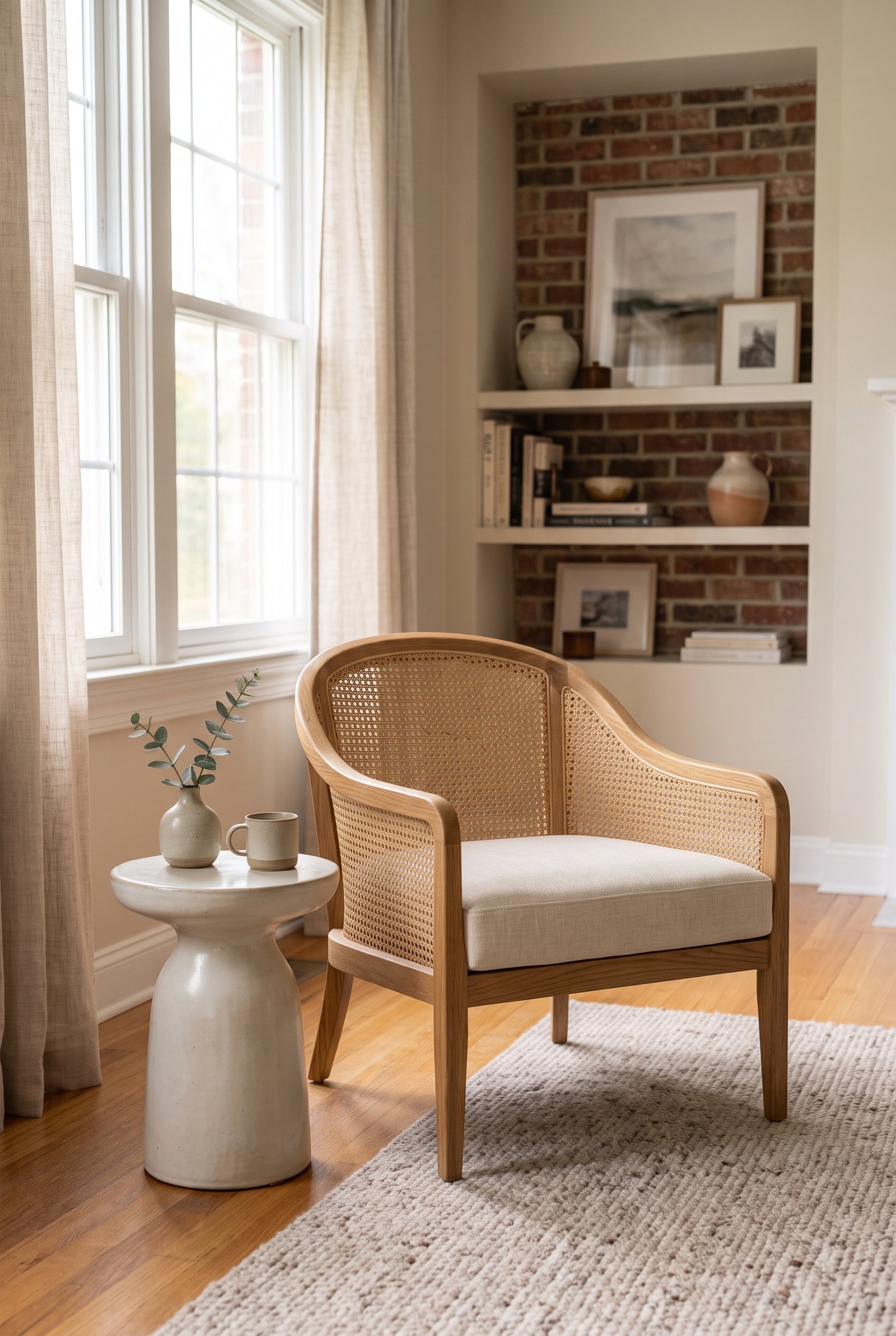 Modern cane accent chair with natural wood frame and cream cushion