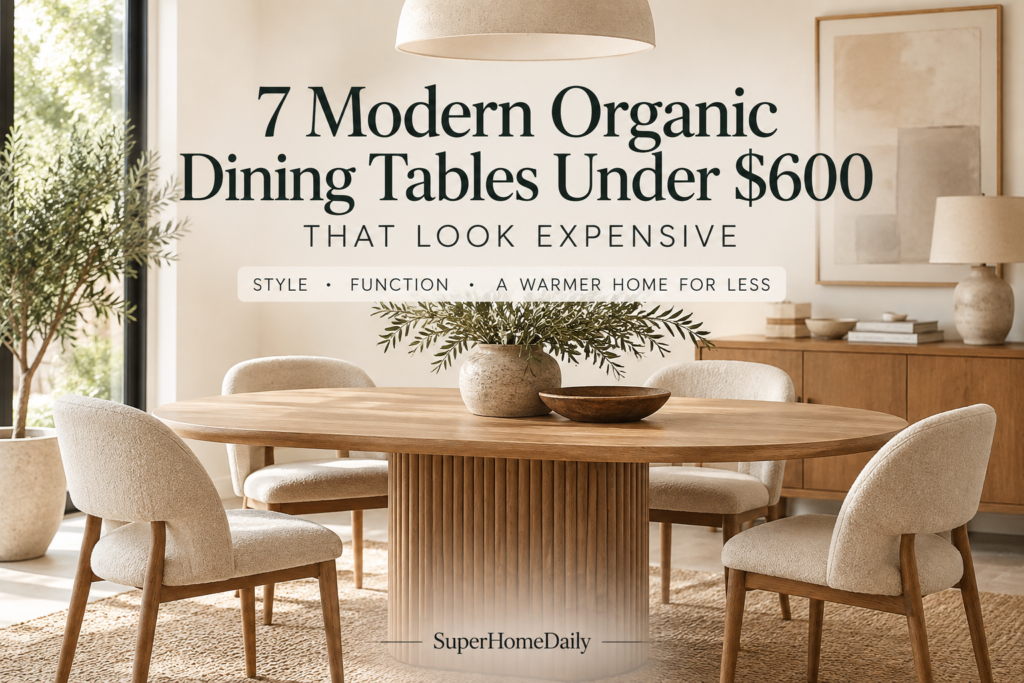 Modern organic dining tables under $600 in a warm stylish dining room
