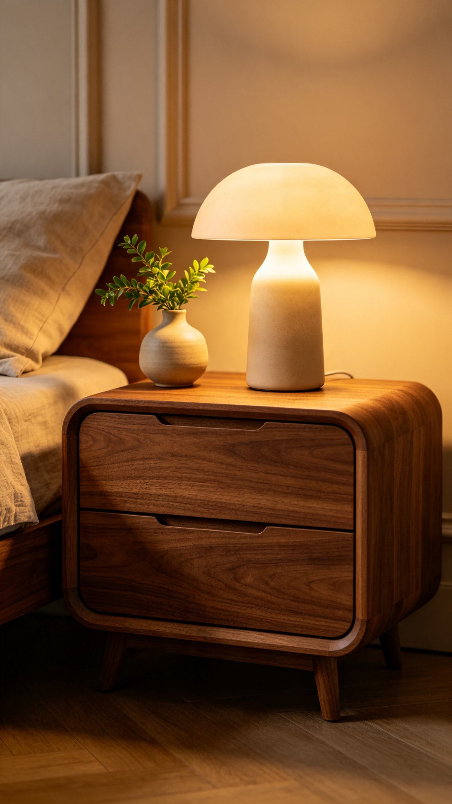 trending nightstand designs featuring modern warm walnut wood with drawers
