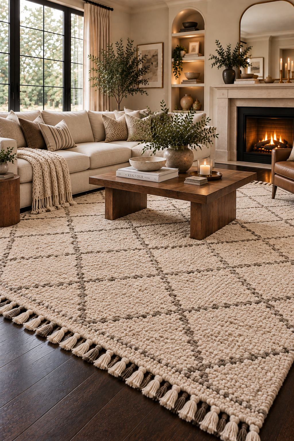 Large neutral Moroccan-inspired rug with a soft diamond pattern over dark wood floors