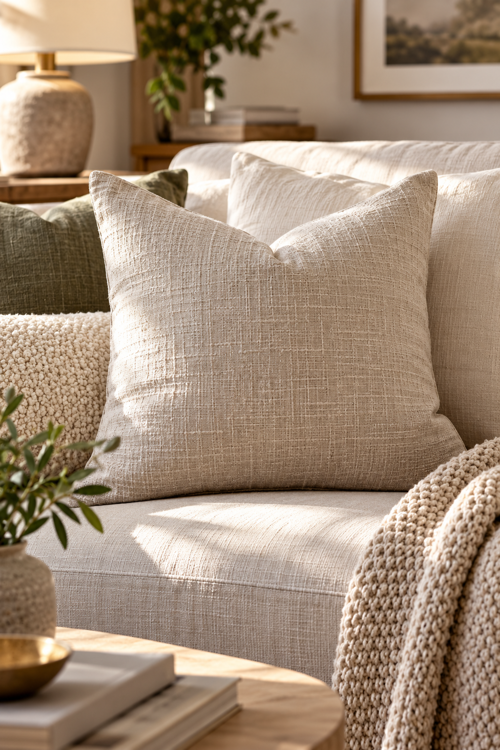 Natural flax neutral linen throw pillow covers on a textured sofa