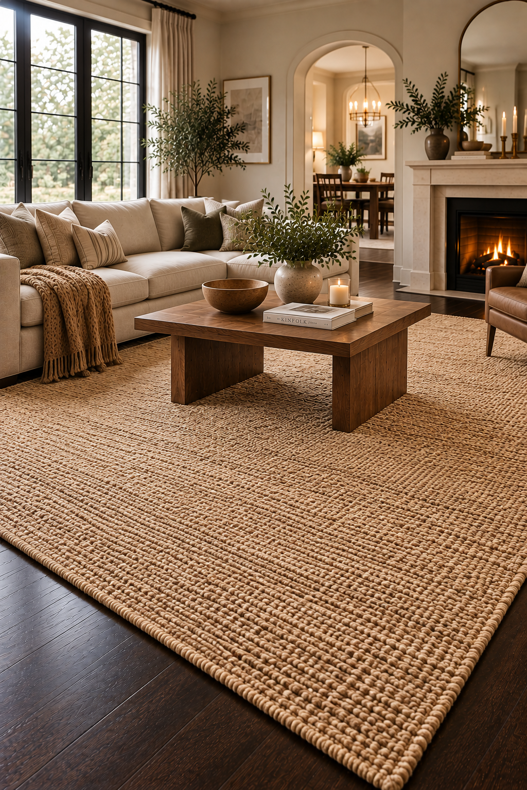 Large natural jute-blend rug adding warmth and texture to dark wood floors