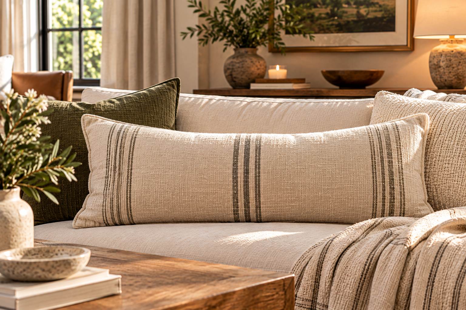 Natural linen lumbar pillow cover styled on a textured sofa