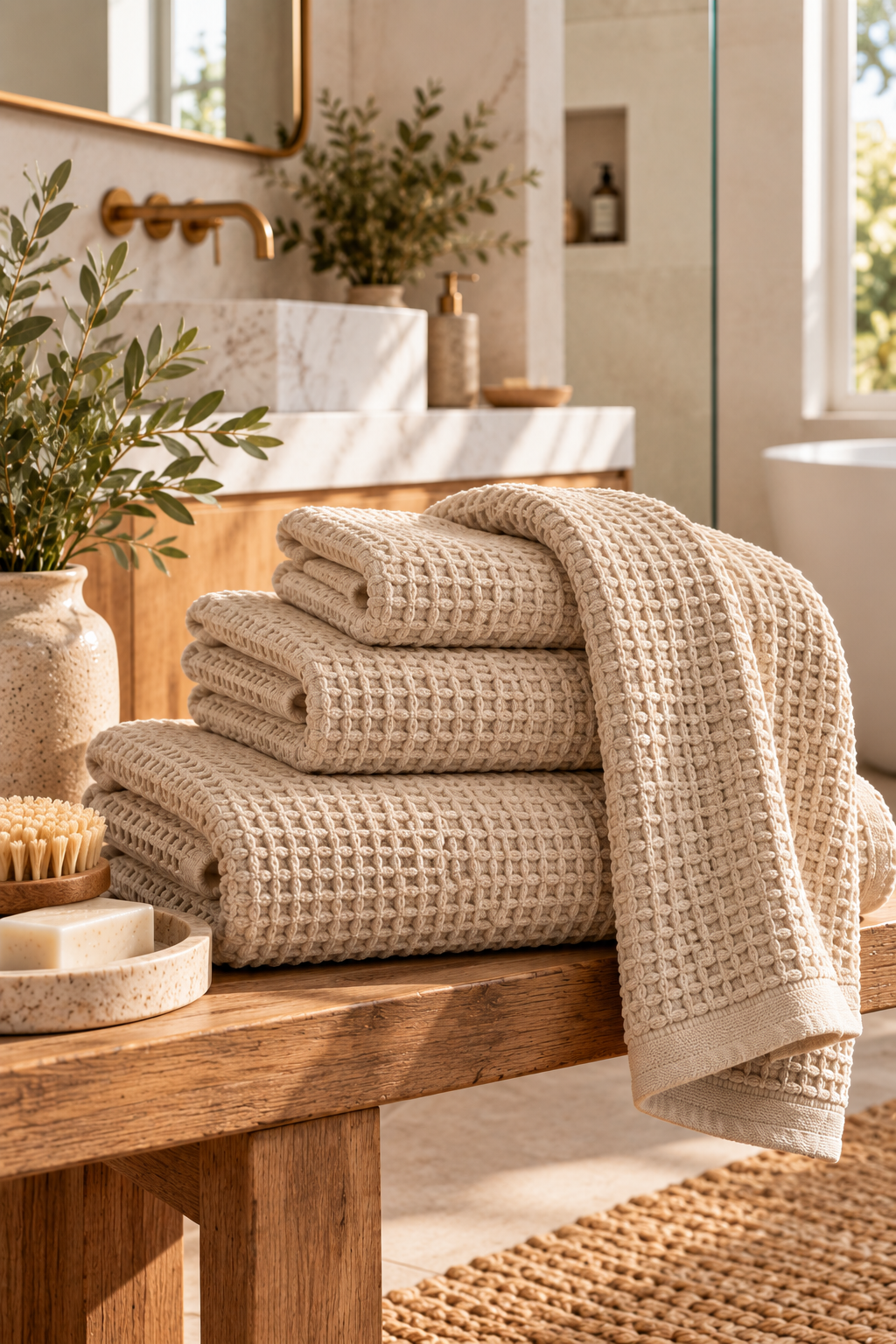 Natural oatmeal waffle weave bath towel in a warm modern bathroom