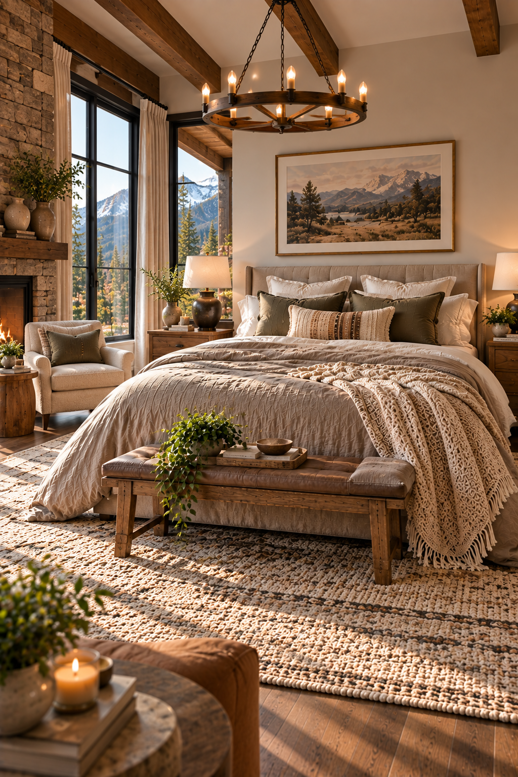 Natural oatmeal washed linen duvet cover set styled in a modern mountain bedroom