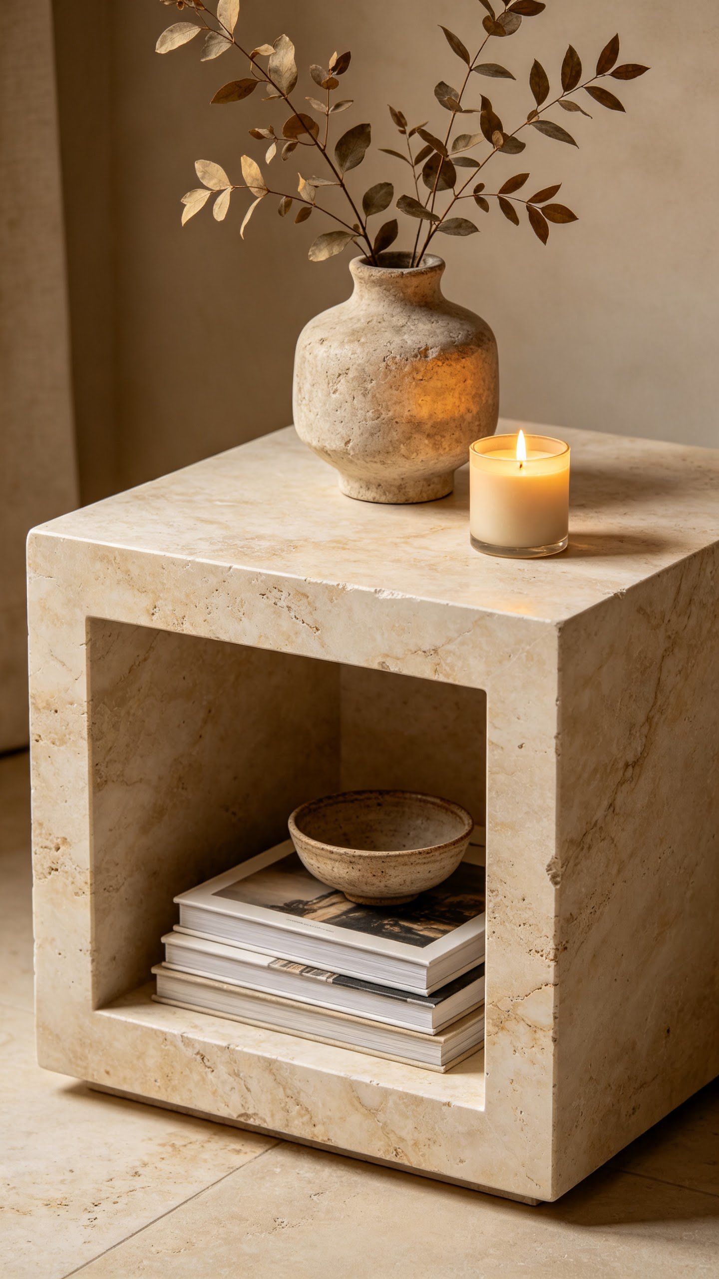 trending nightstand designs made from natural travertine stone with open shelf