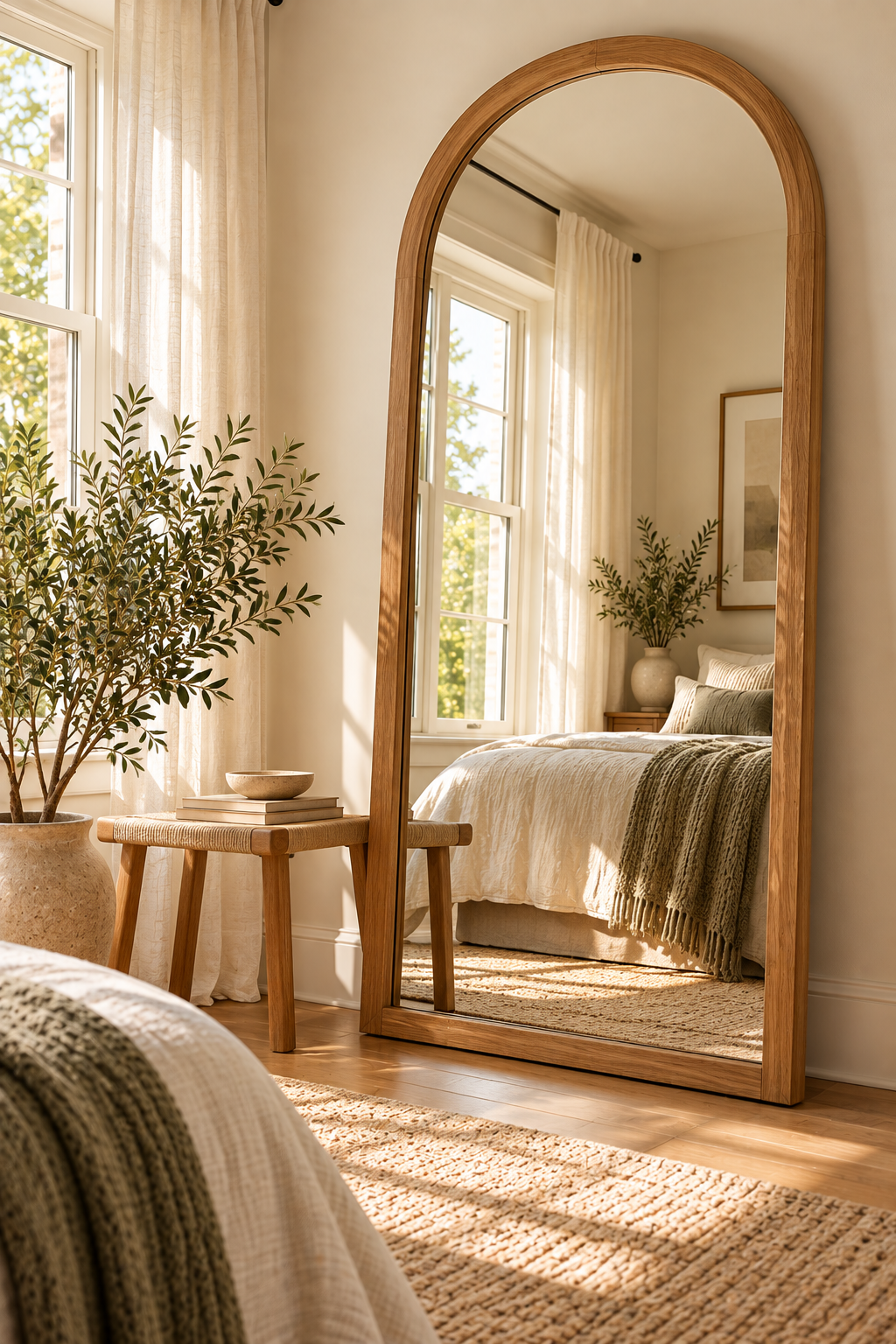 Natural wood arched floor mirror in a small bedroom