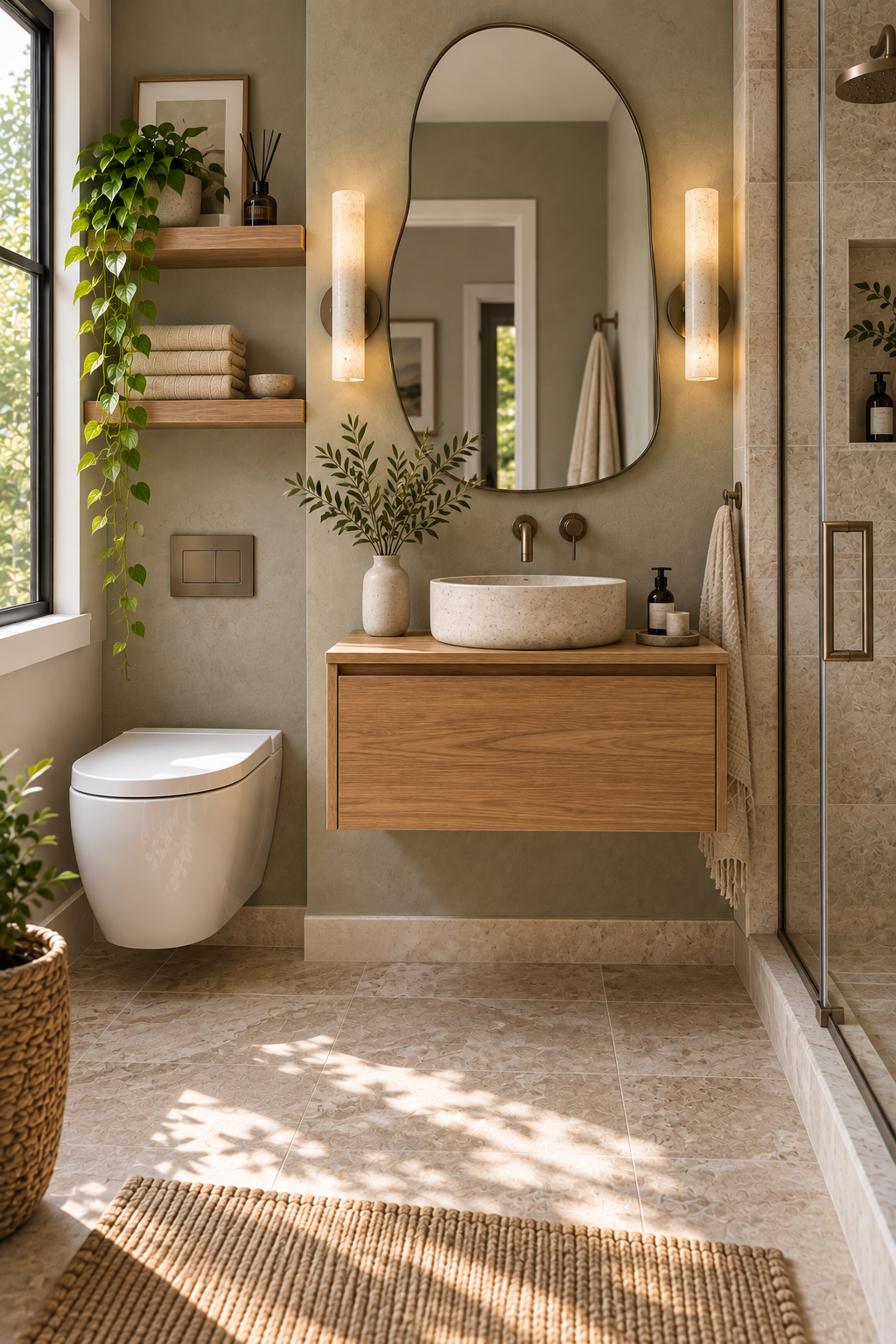 Natural wood floating vanity with vessel sink in a compact bathroom Title: