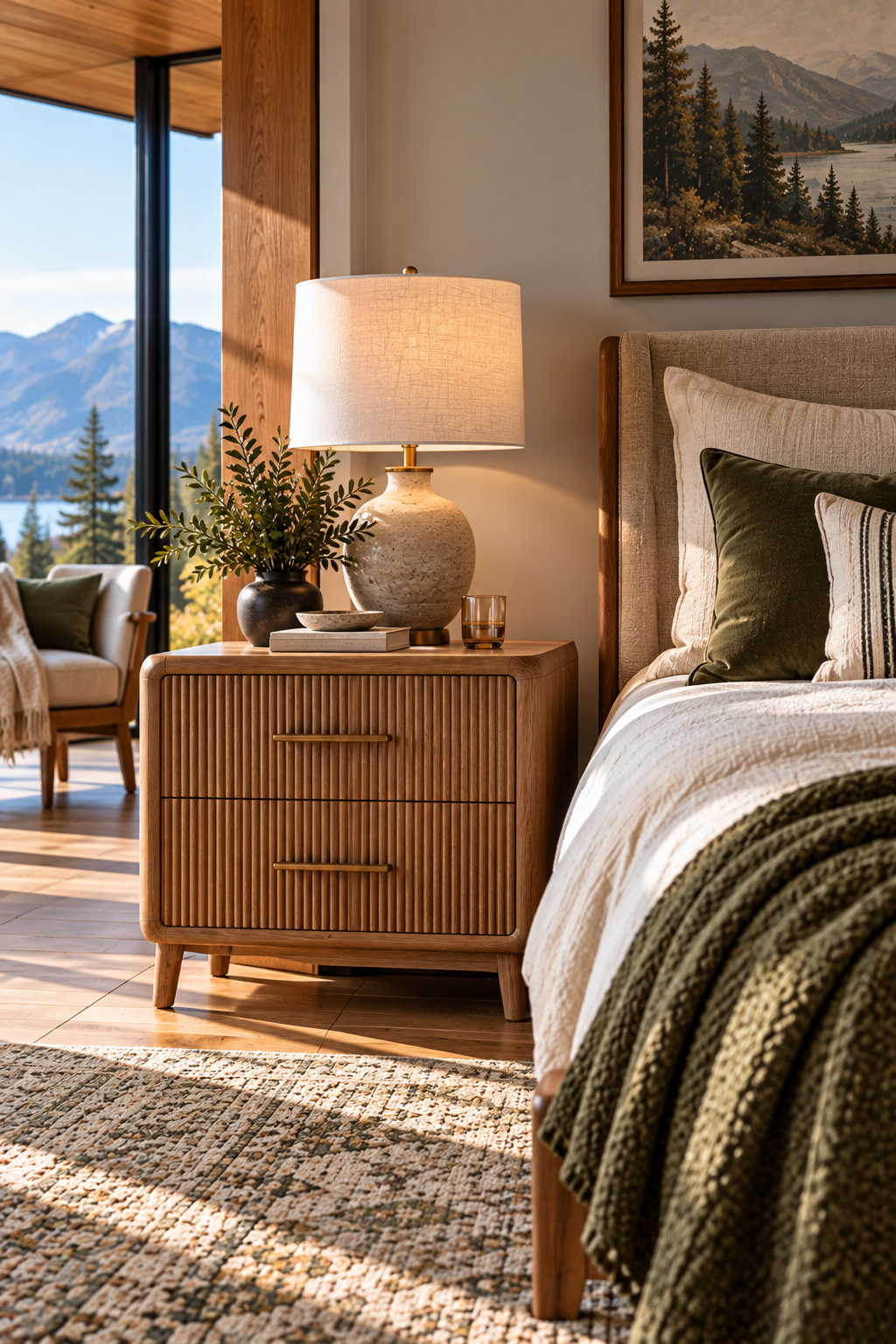 Natural wood nightstand for cozy fall bedroom decorating ideas