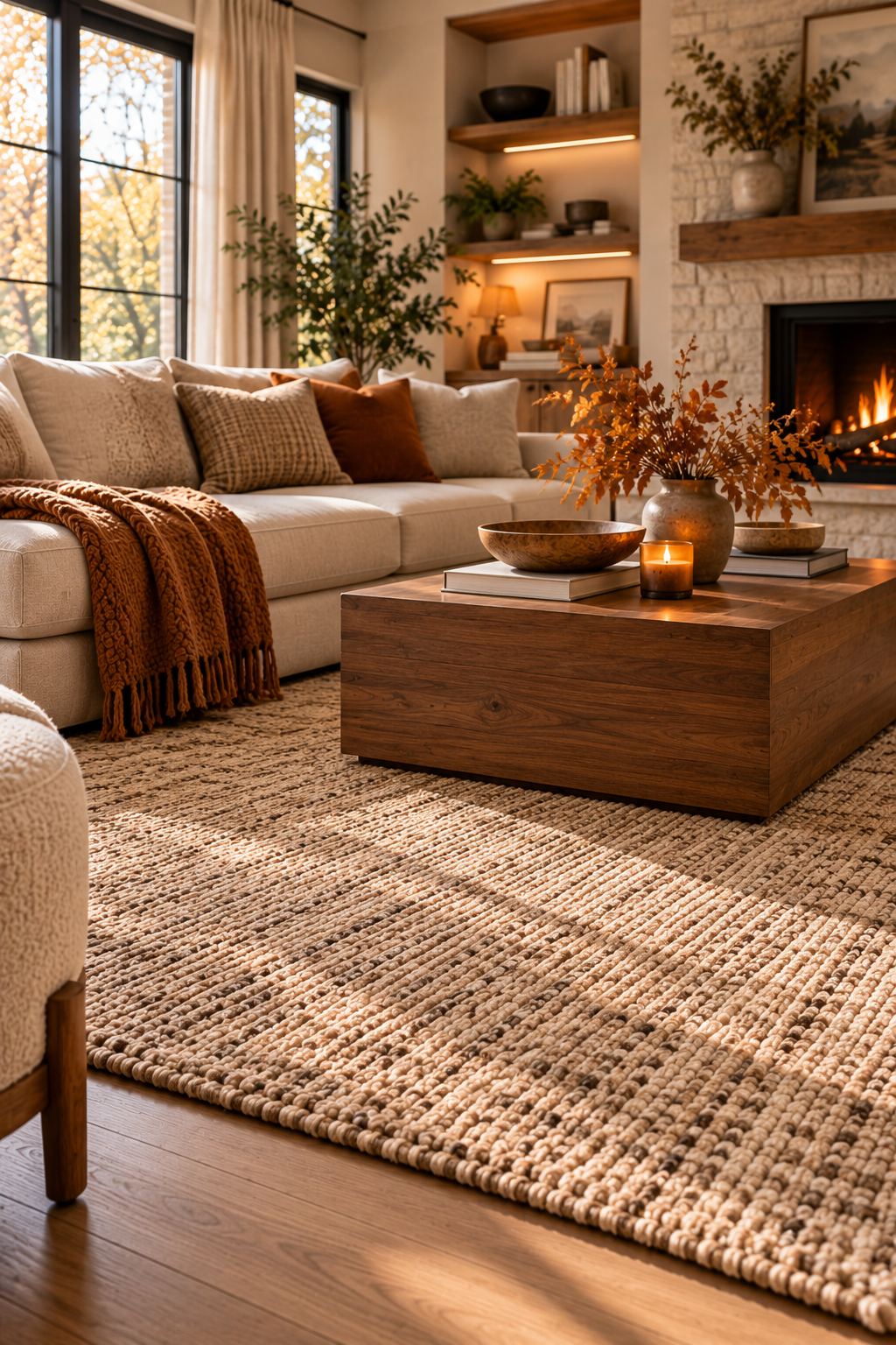Natural woven wool area rug in a warm minimalist fall living room