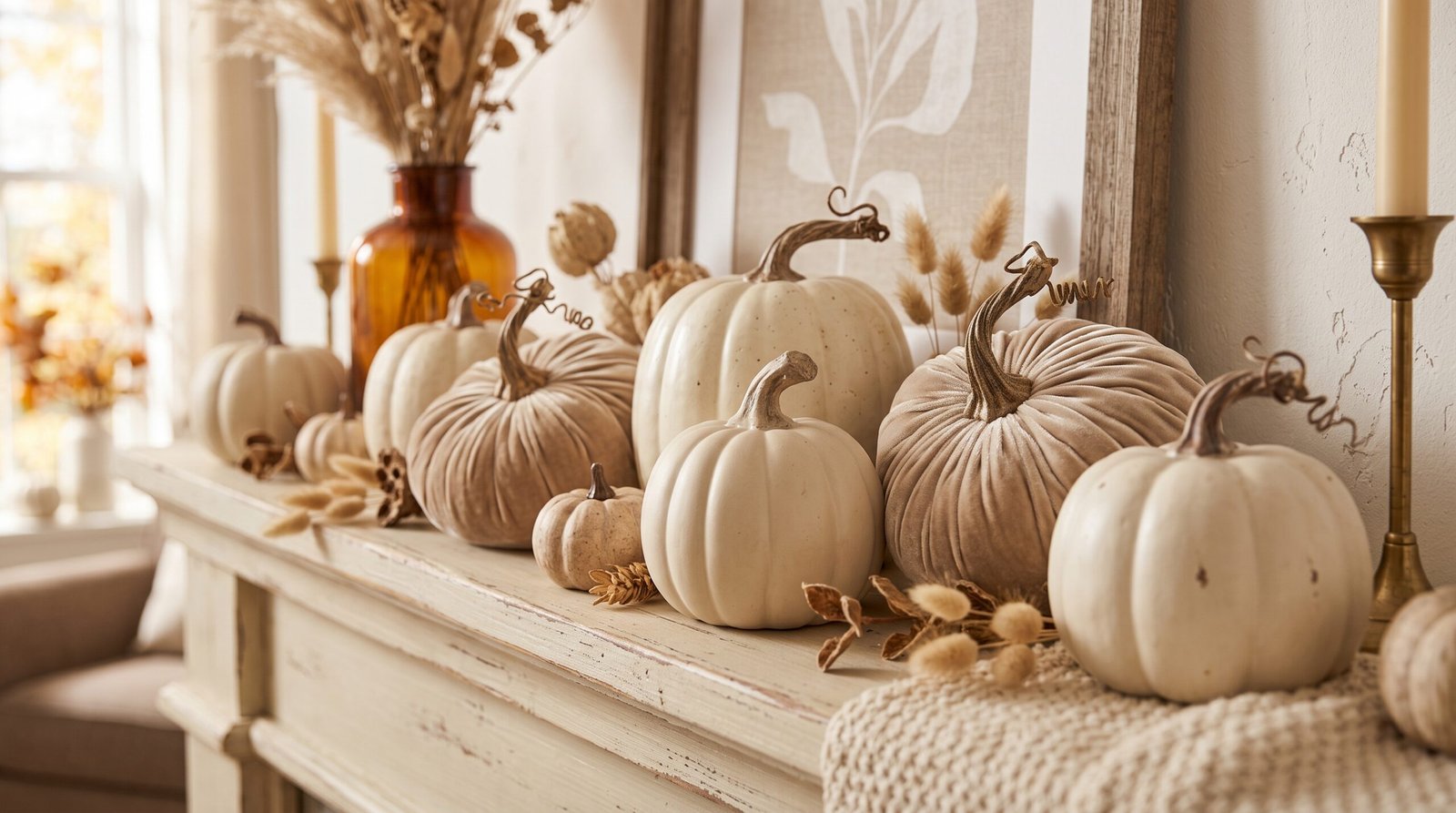fall mantel decorating ideas using warm neutrals textured ceramic velvet pumpkins