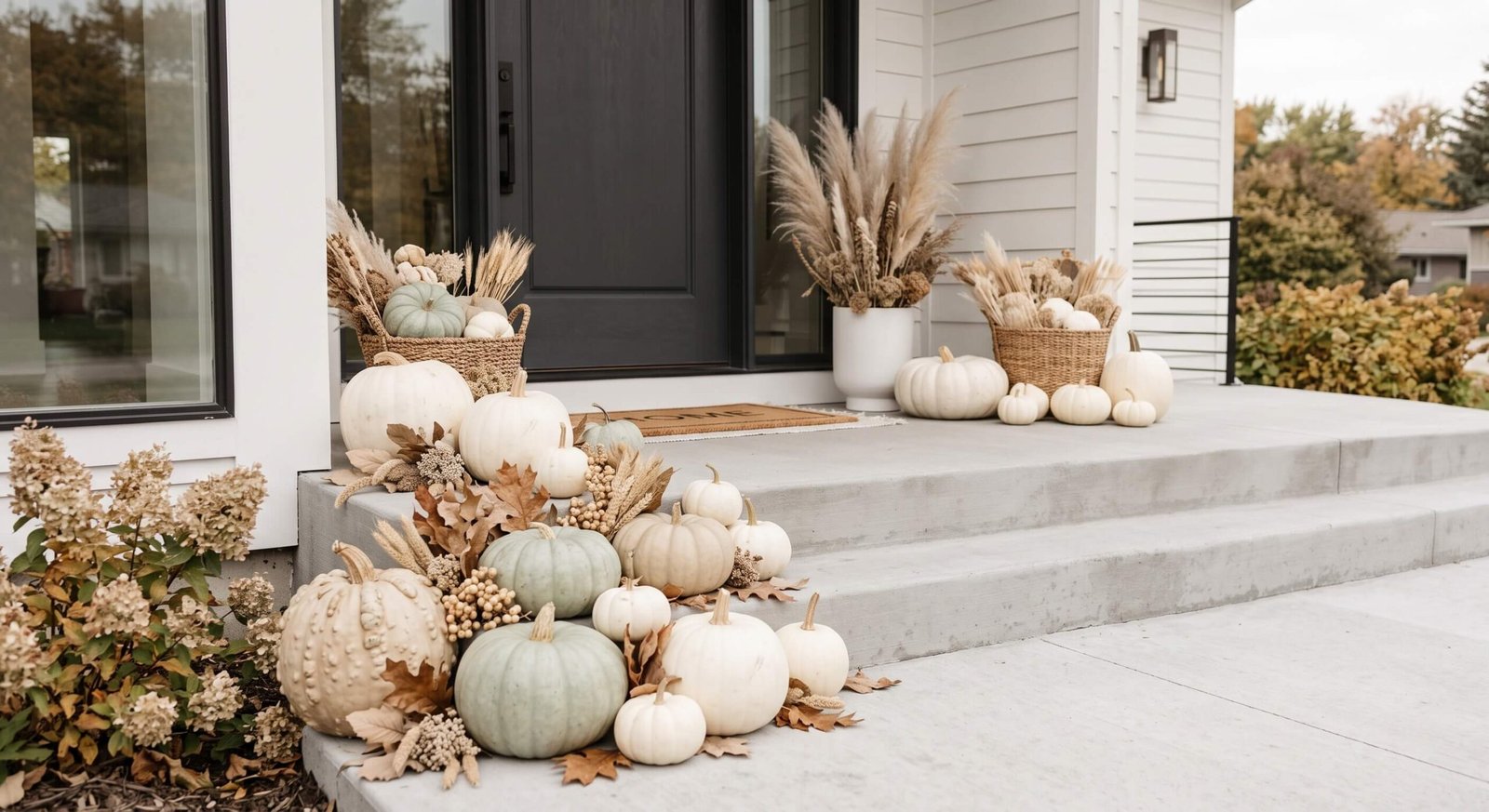 minimalist fall porch decor ideas with neutral white heirloom pumpkins