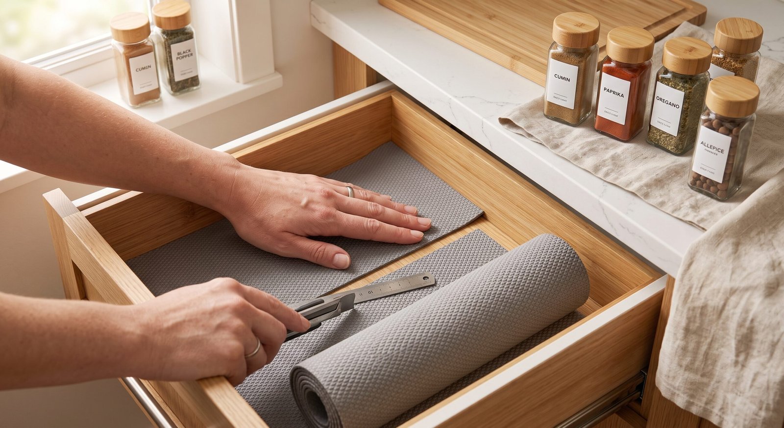 spice drawer organization ideas with textured non slip liner