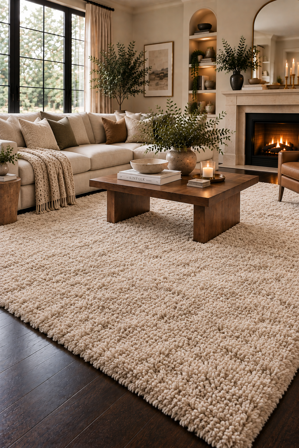 Large oatmeal high-pile neutral rug adding softness and warmth to dark wood floors