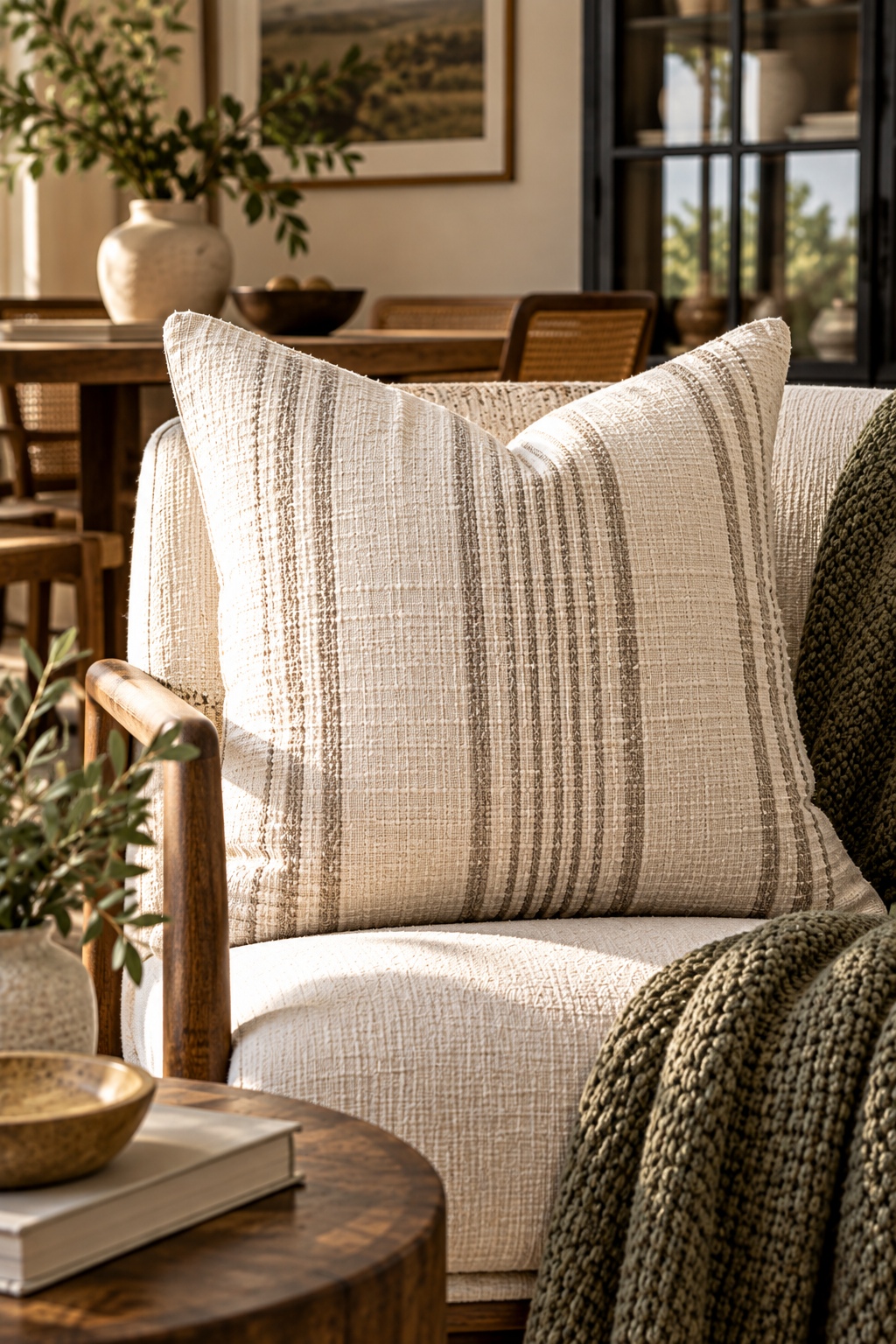Oatmeal washed linen pillow cover styled on a textured sofa