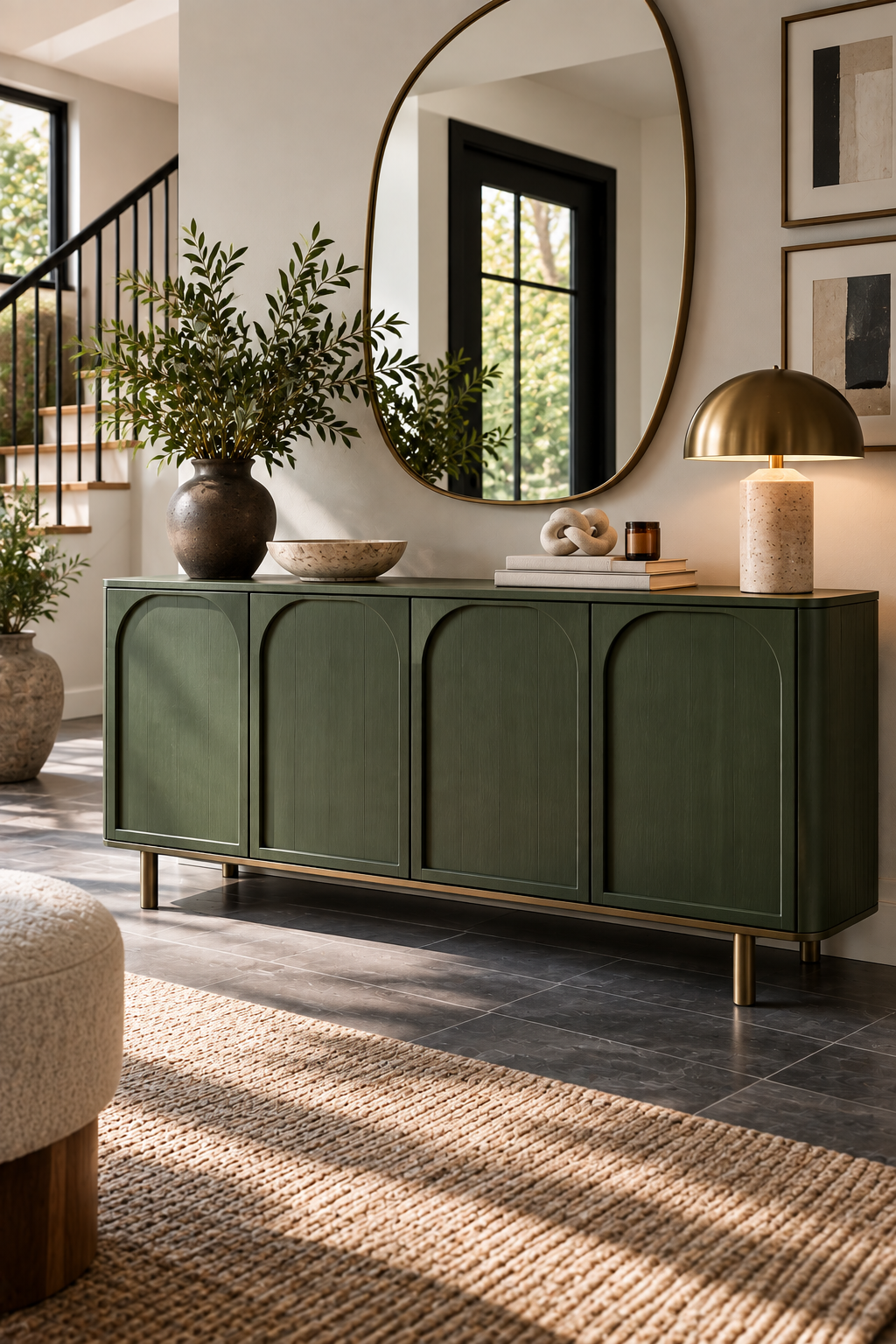 Olive green fluted wood sideboard with stylish hidden storage in a modern entryway