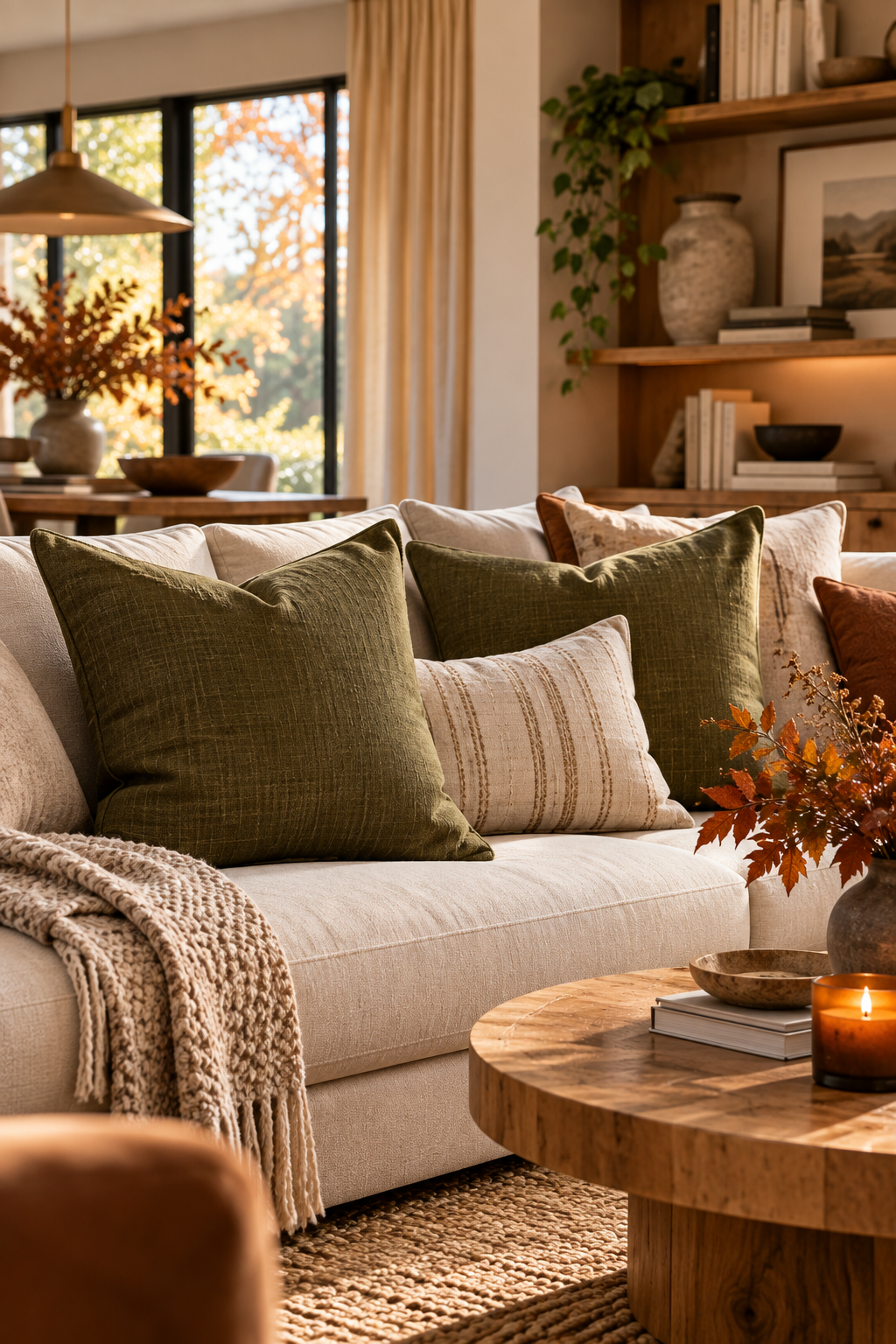 Olive green linen throw pillow covers in a warm minimalist fall living room