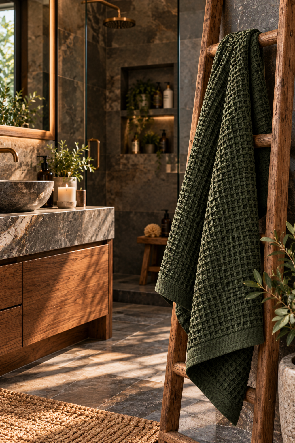 Olive green organic waffle weave bath towel in a modern mountain bathroom