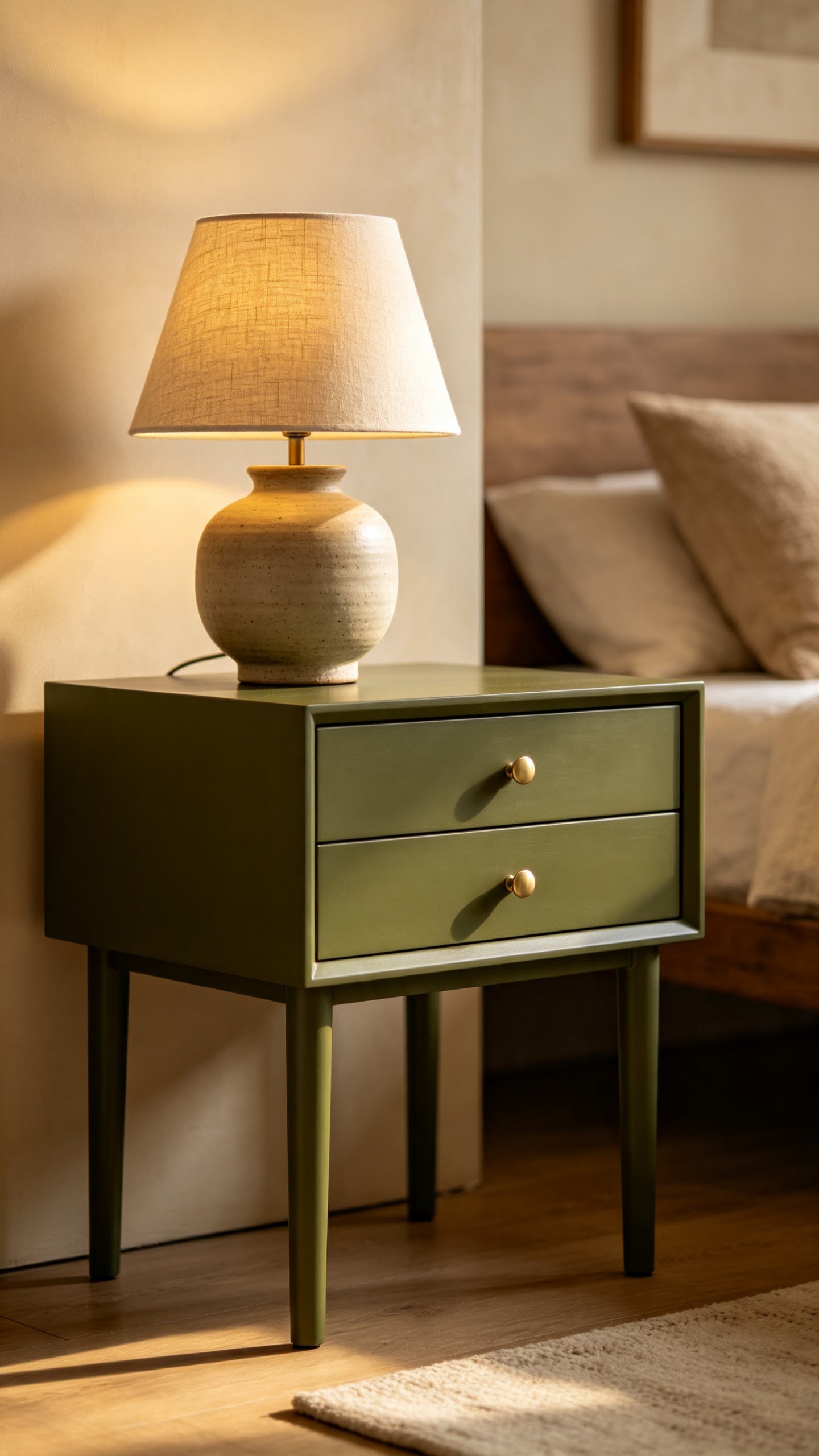 trending nightstand designs with earthy olive green colored finish