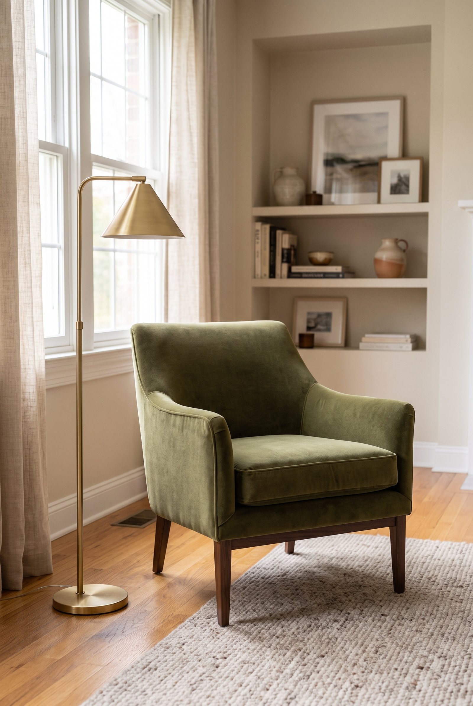 Olive green velvet accent chair in a warm modern living room