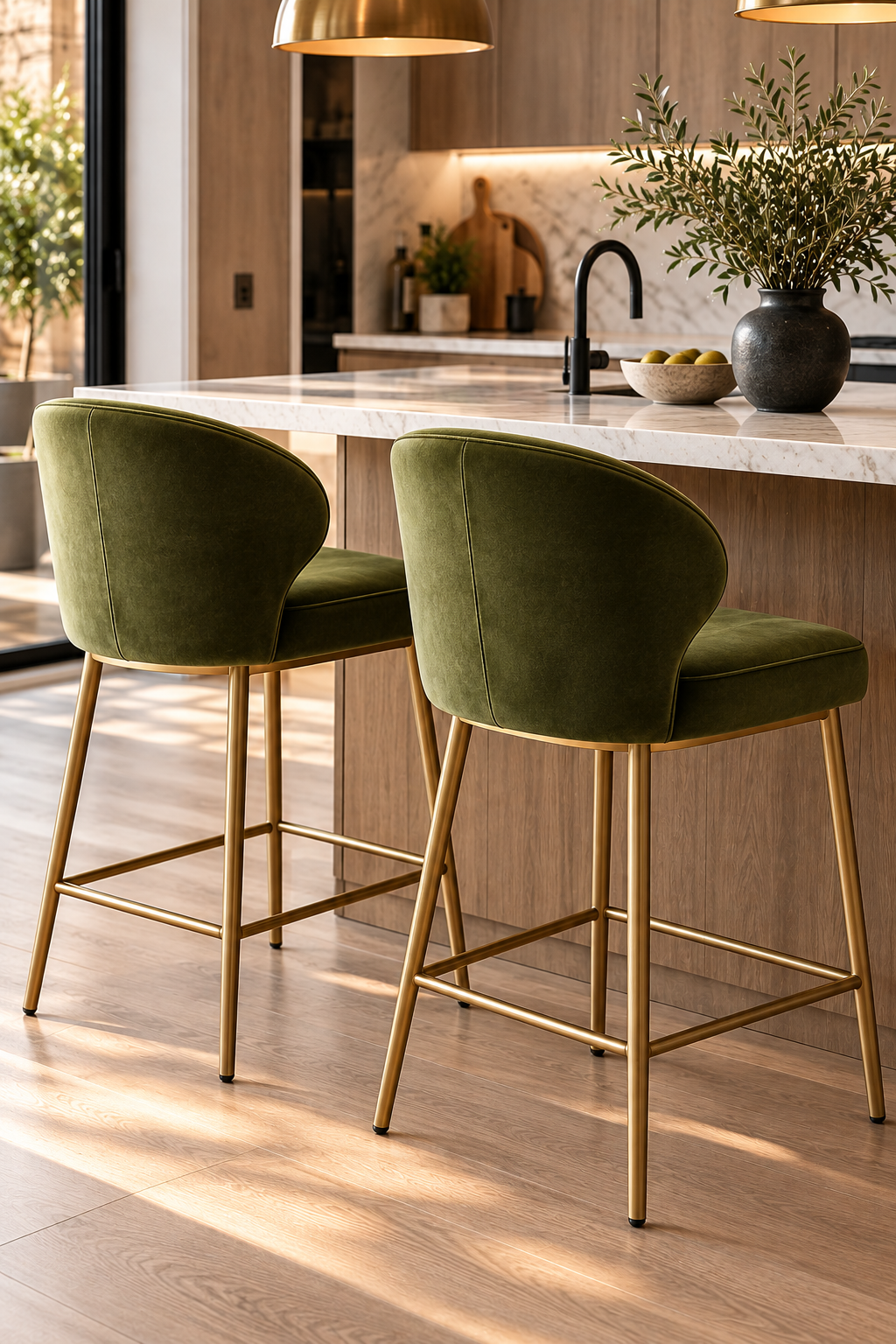 Olive green velvet counter stool for modern kitchen island