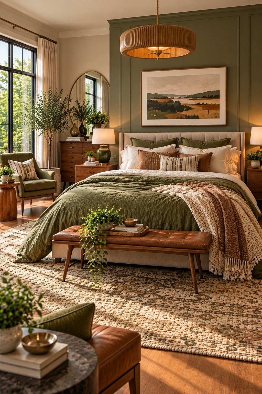Olive green washed linen duvet cover set styled in a mid-century modern American bedroom